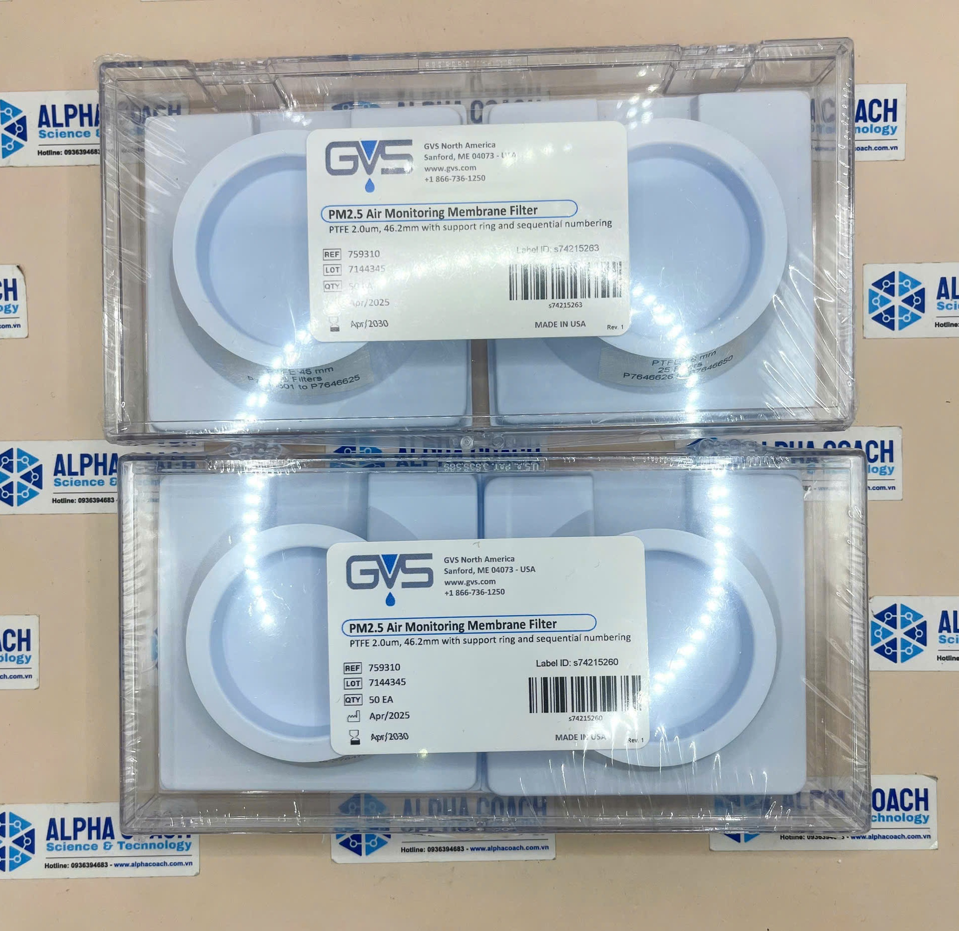 Màng lọc PTFE PM2.5 vòng đỡ PP, mã 759310, 50 cái/Hộp, Hãng GVS, Mỹ