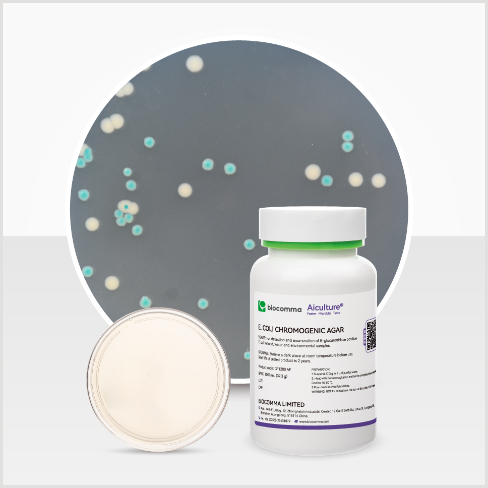 Môi trường vi sinh E.coli Chromogenic Agar, chai 1000mL, mã GF1200AF, hãng Biocomma, TQ