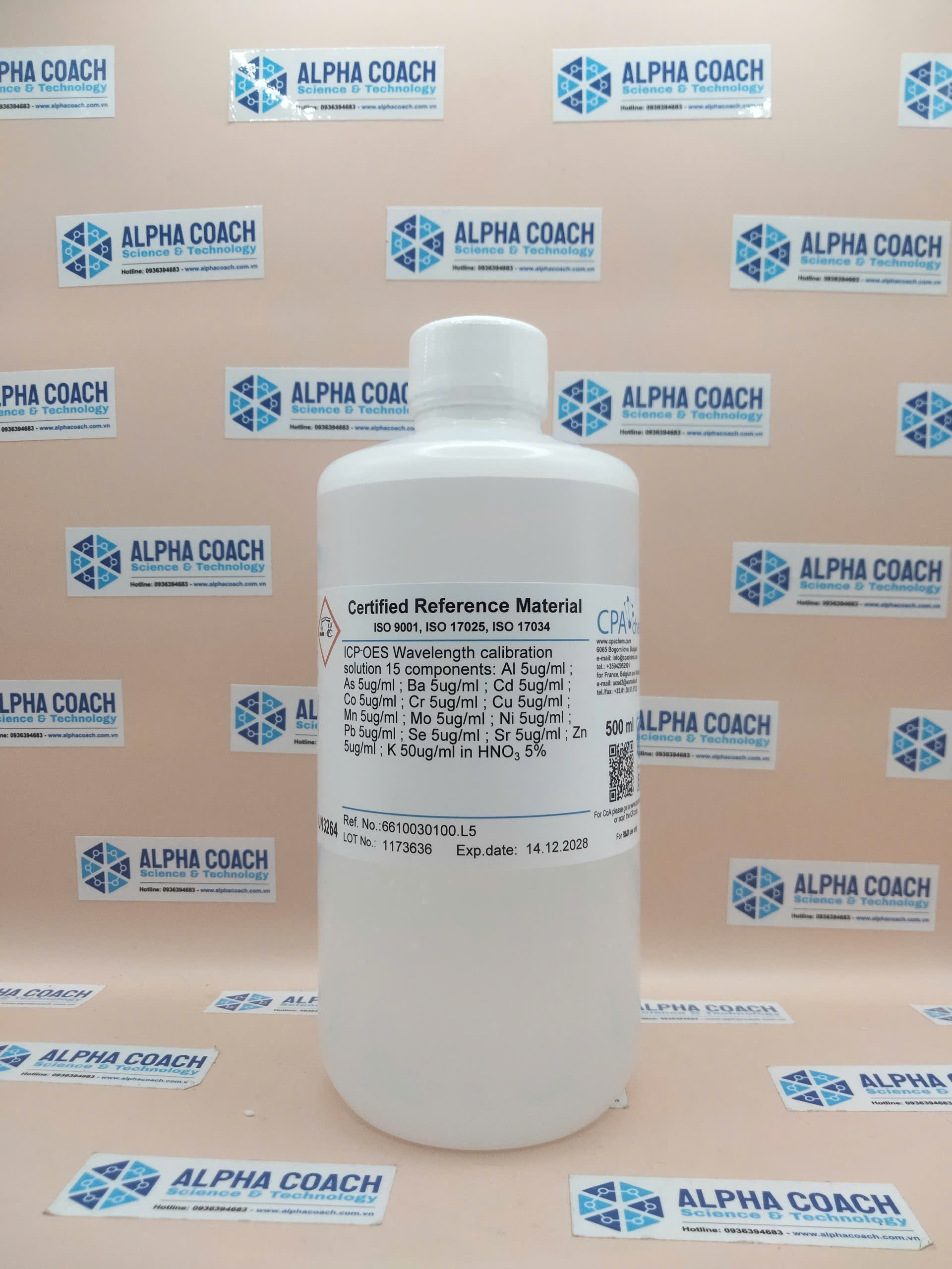 Dung dịch chuẩn ICP-OES 15 thành phần - ICP-OES Wavelength calibration solution 15 components, mã 6610030100.L5, hãng CPAchem, Bungari