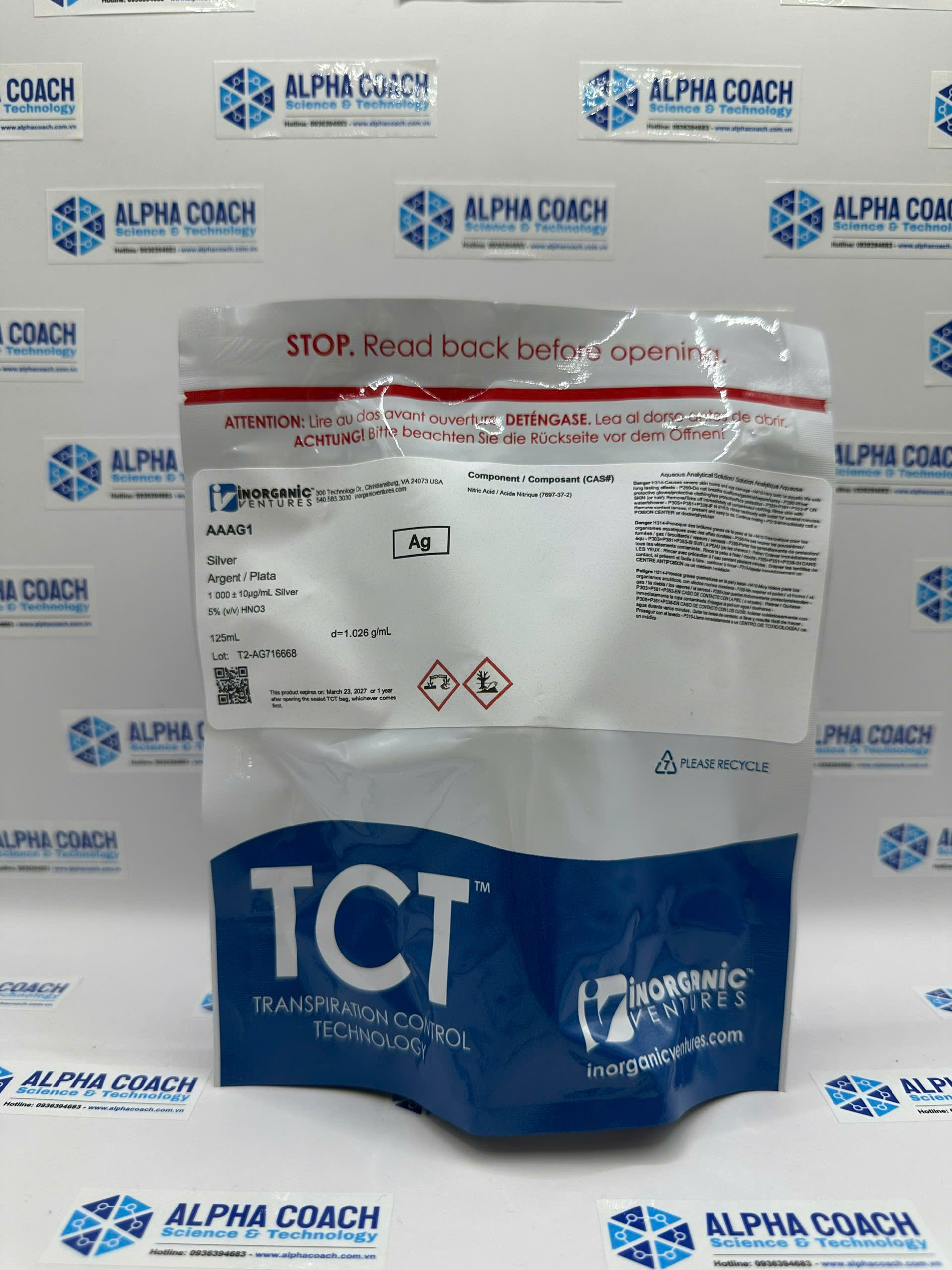 Dung dịch chuẩn Silver (Ag) 1000 ug/ml, mã AAAG1, chai 125ml, hãng IV, Mỹ