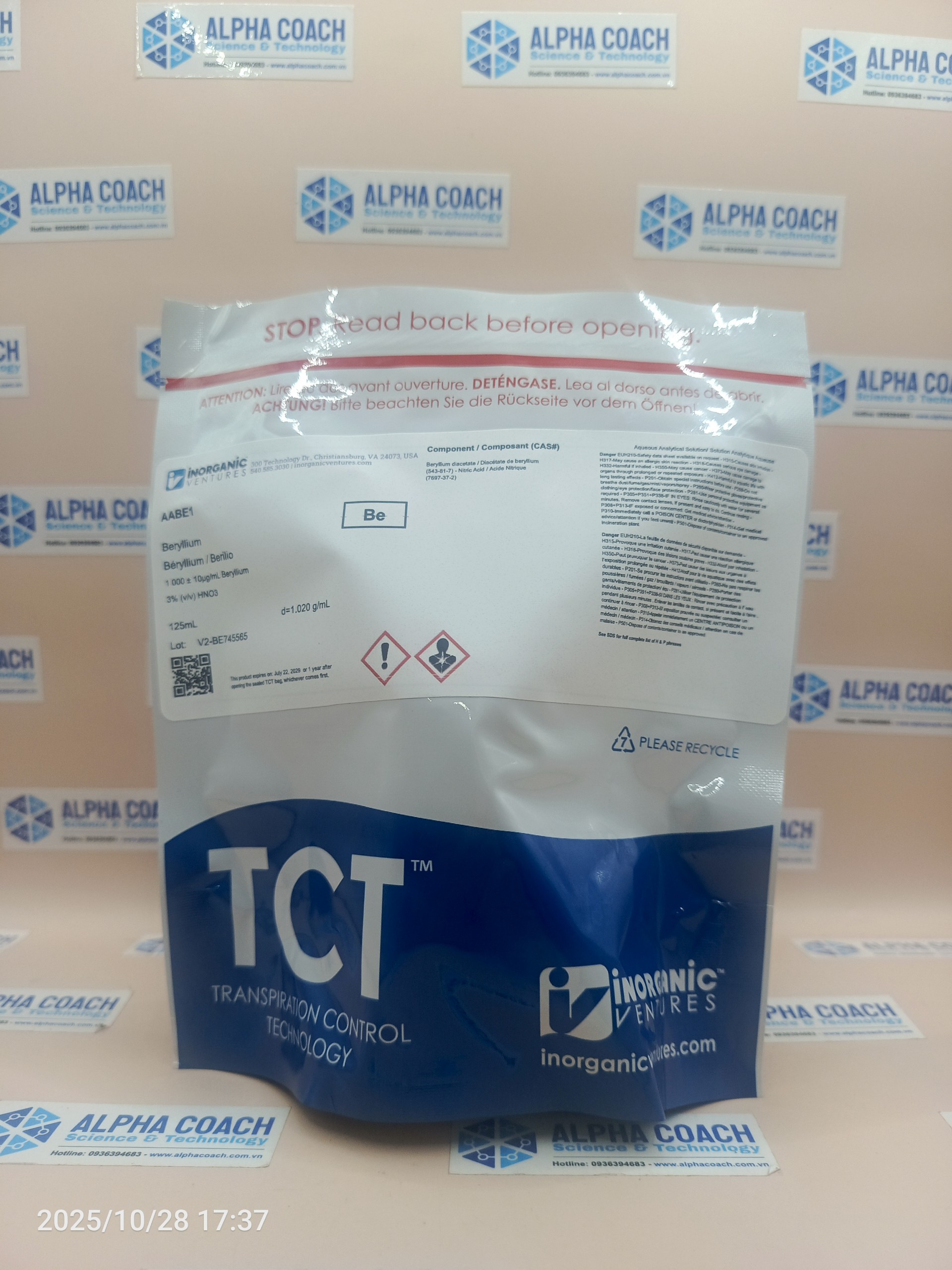 Dung dịch chuẩn Beryllium (Be) 1000 ug/ml, mã AABE1, chai 125ml, hãng IV, Mỹ