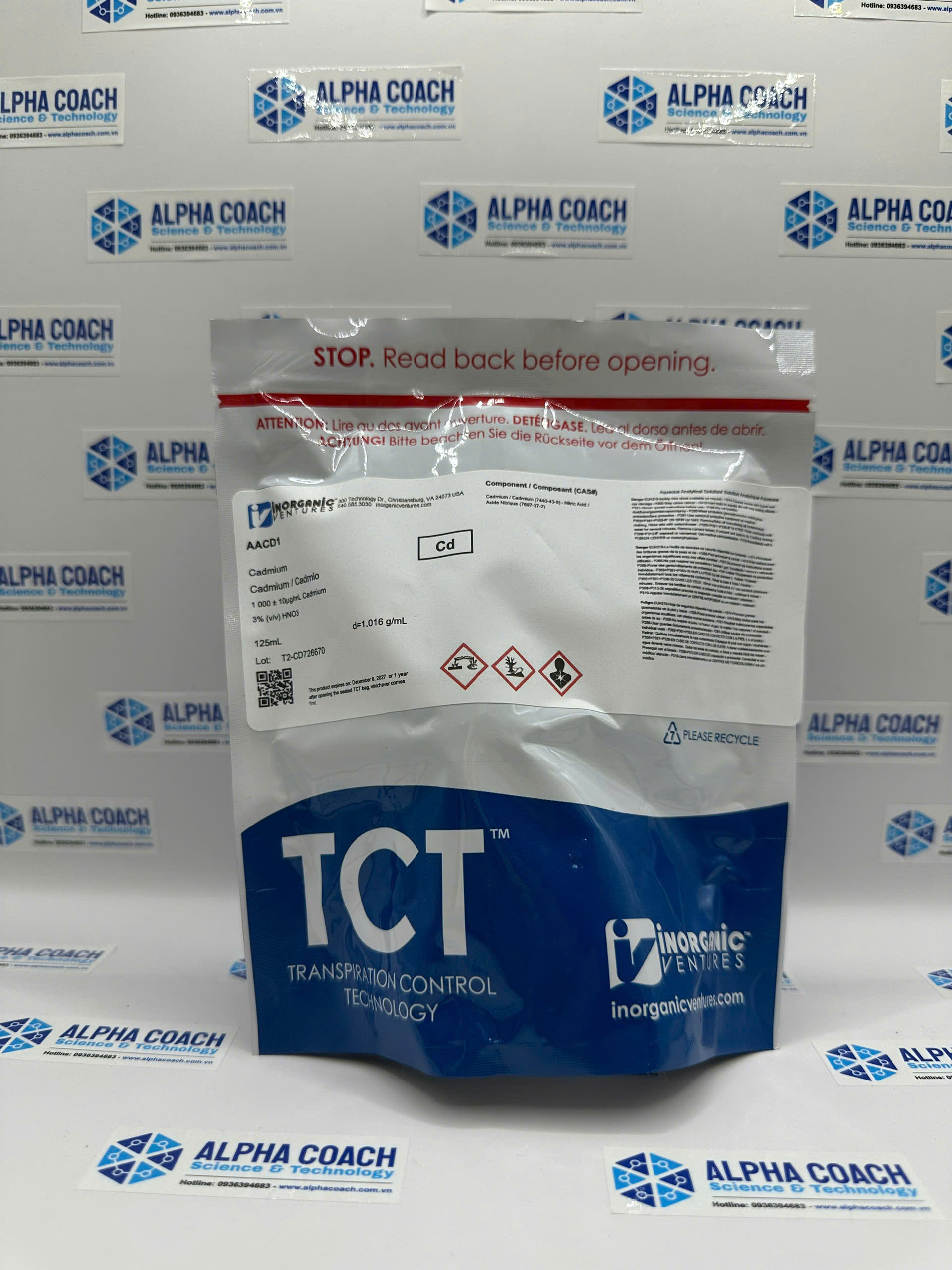 Dung dịch chuẩn Cadmium (Cd) 1000 ug/ml, mã AACD1, chai 125ml, hãng IV, Mỹ