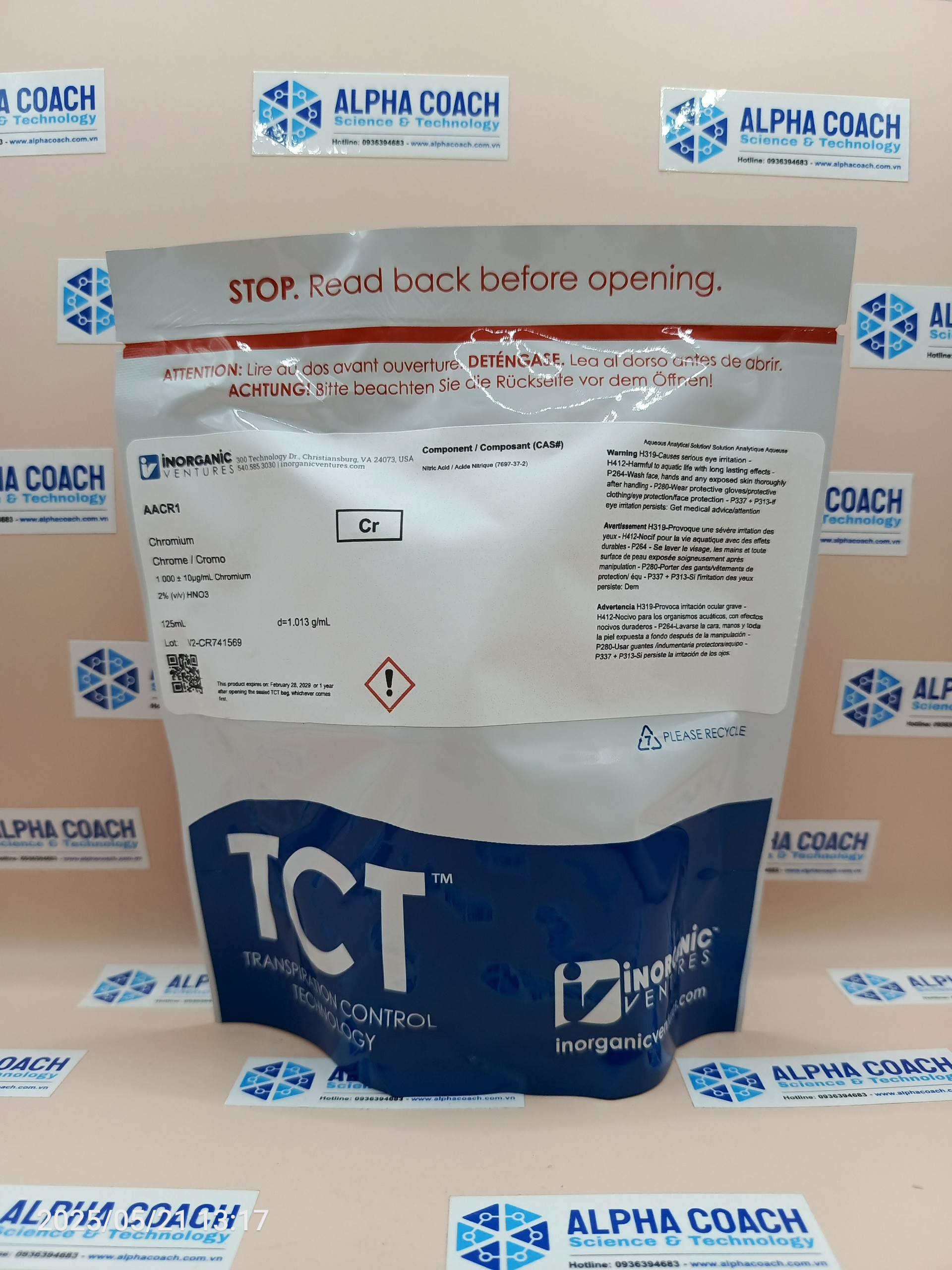 Dung dịch chuẩn Crom (Cr) 1000 ug/ml, mã AACR1, chai 125ml, hãng IV, Mỹ