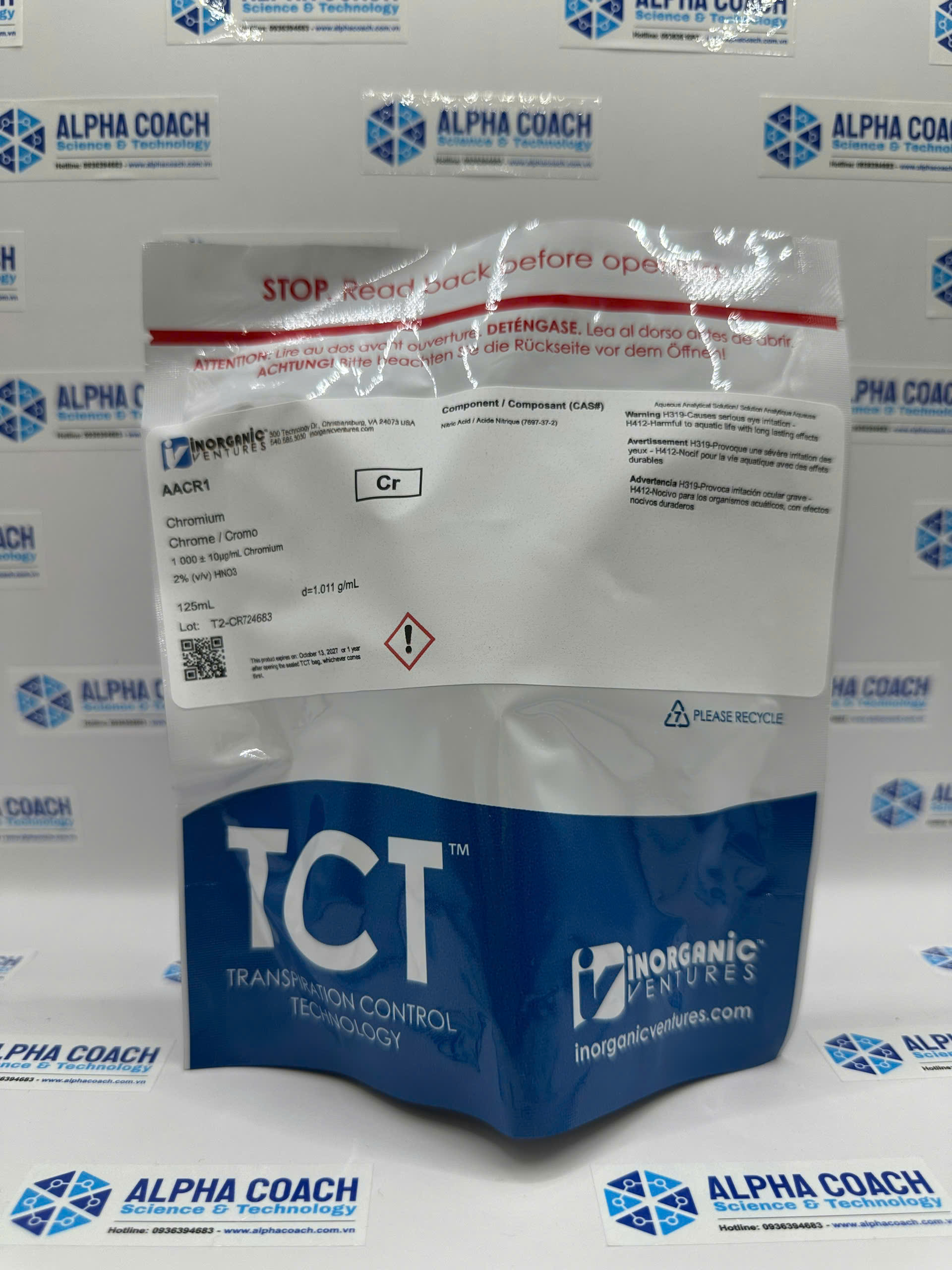 Dung dịch chuẩn Crom (Cr) 1000ug/mL, mã AACR1, chai 500ml, hãng IV, Mỹ