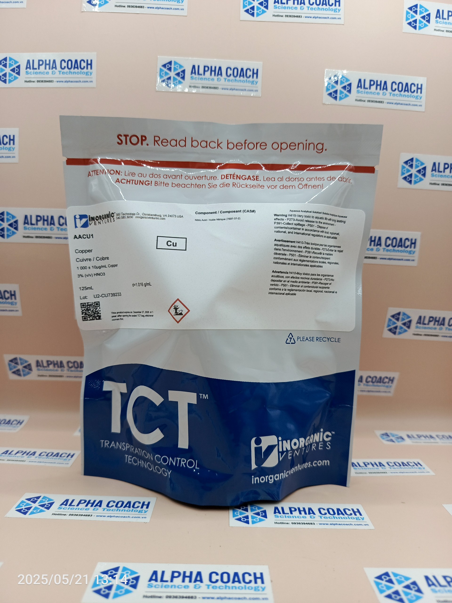 Dung dịch chuẩn Đồng (Cu) 1000ug/mL, mã AACU1, chai 500ml, hãng IV, Mỹ