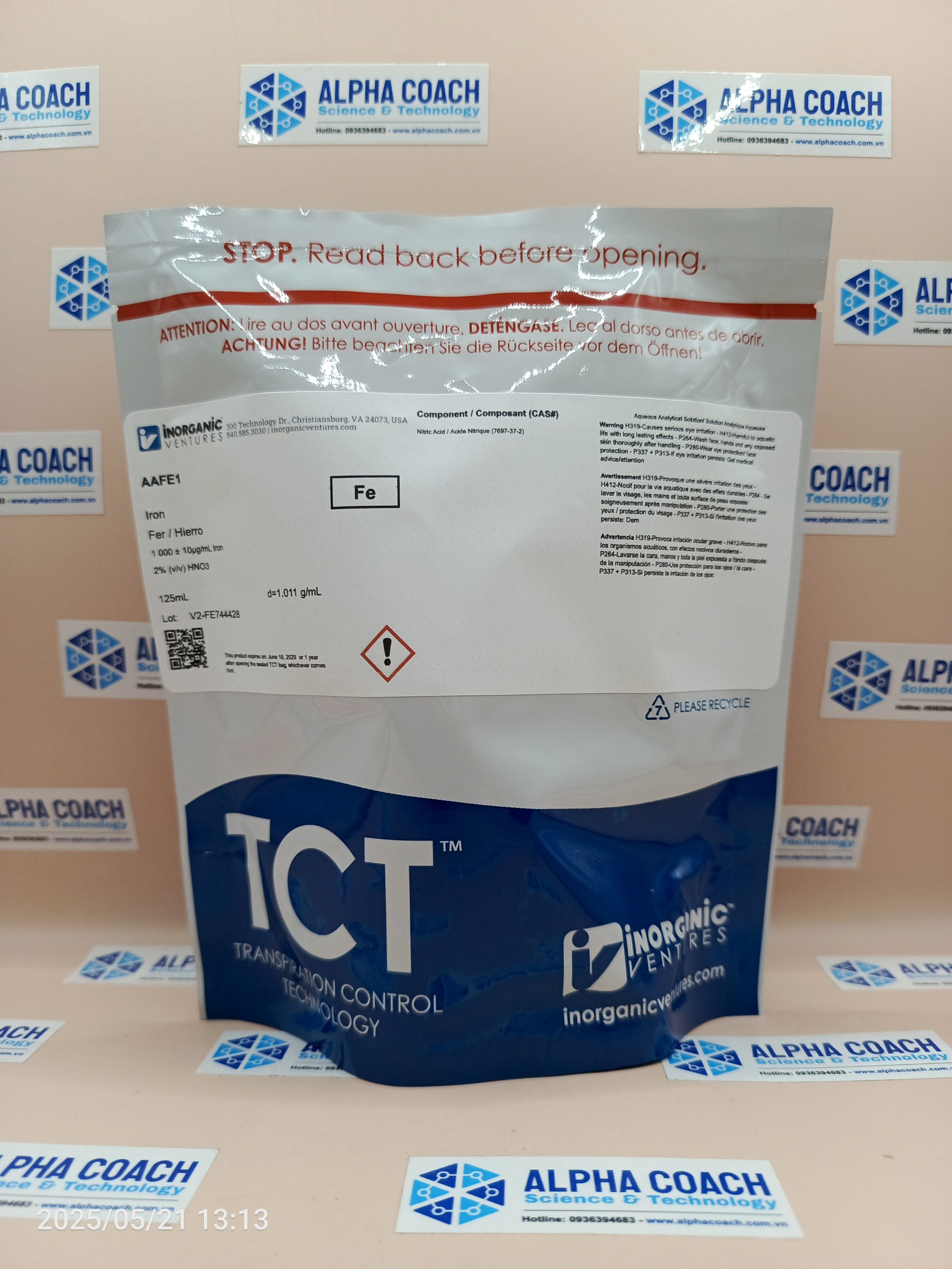 Dung dịch chuẩn Sắt (Fe) 1000 ug/ml, mã AAFE1, chai 125ml, hãng IV, Mỹ