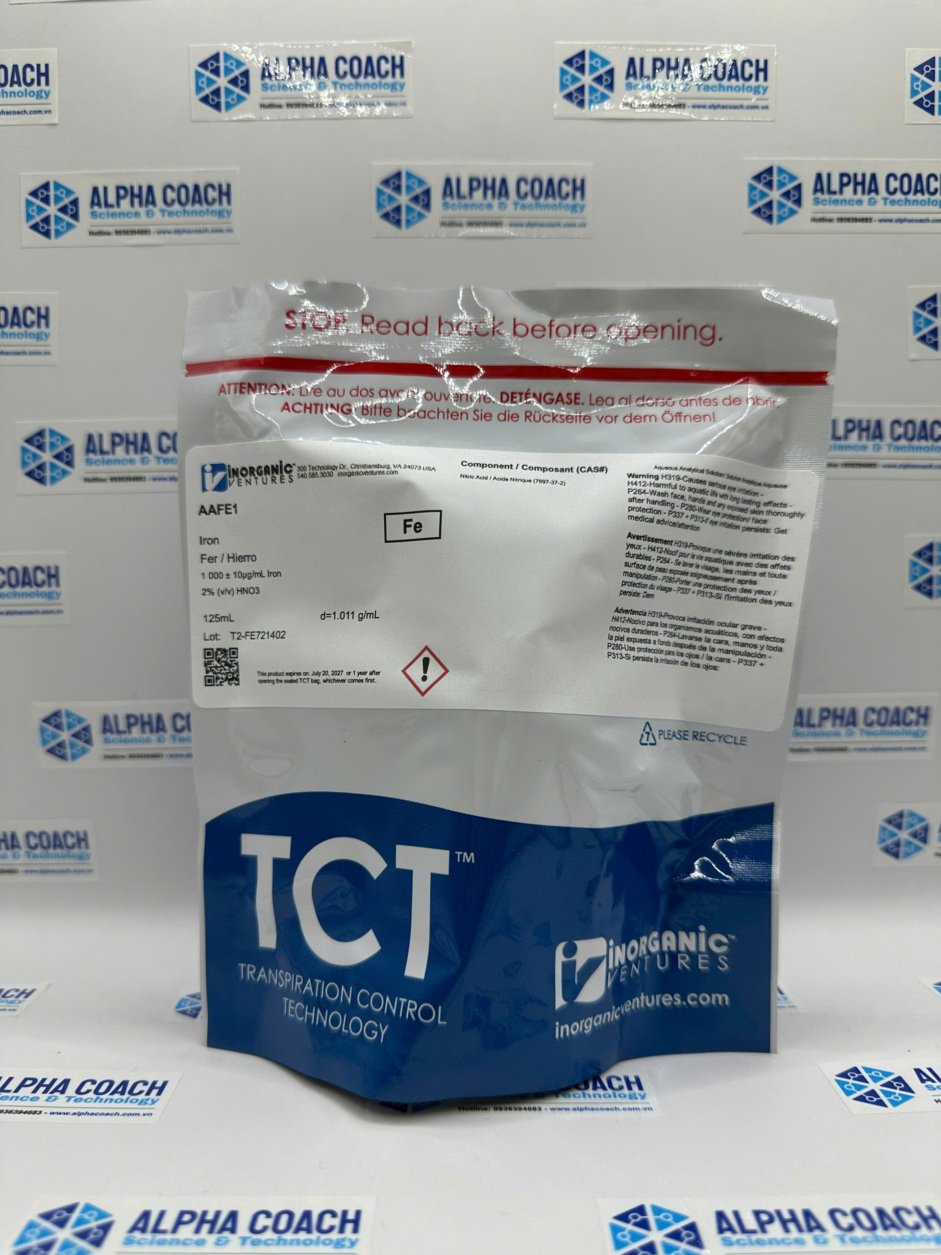 Dung dịch chuẩn Sắt (Fe) 1000ug/mL, mã AAFE1, chai 500ml, hãng IV, Mỹ