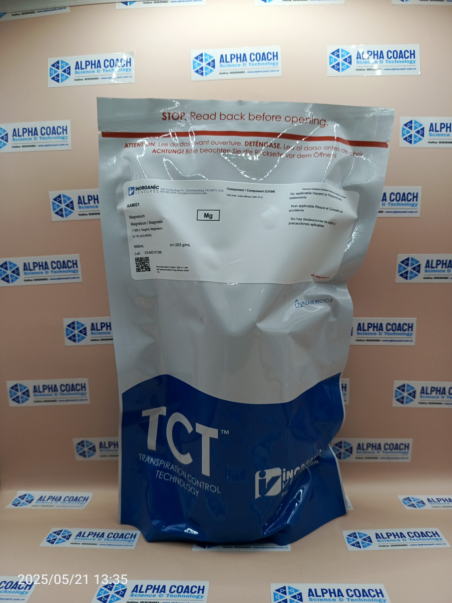 Dung dịch chuẩn Magnesium (Mg) 1000ug/mL, mã AAMG1, chai 500ml, hãng IV, Mỹ