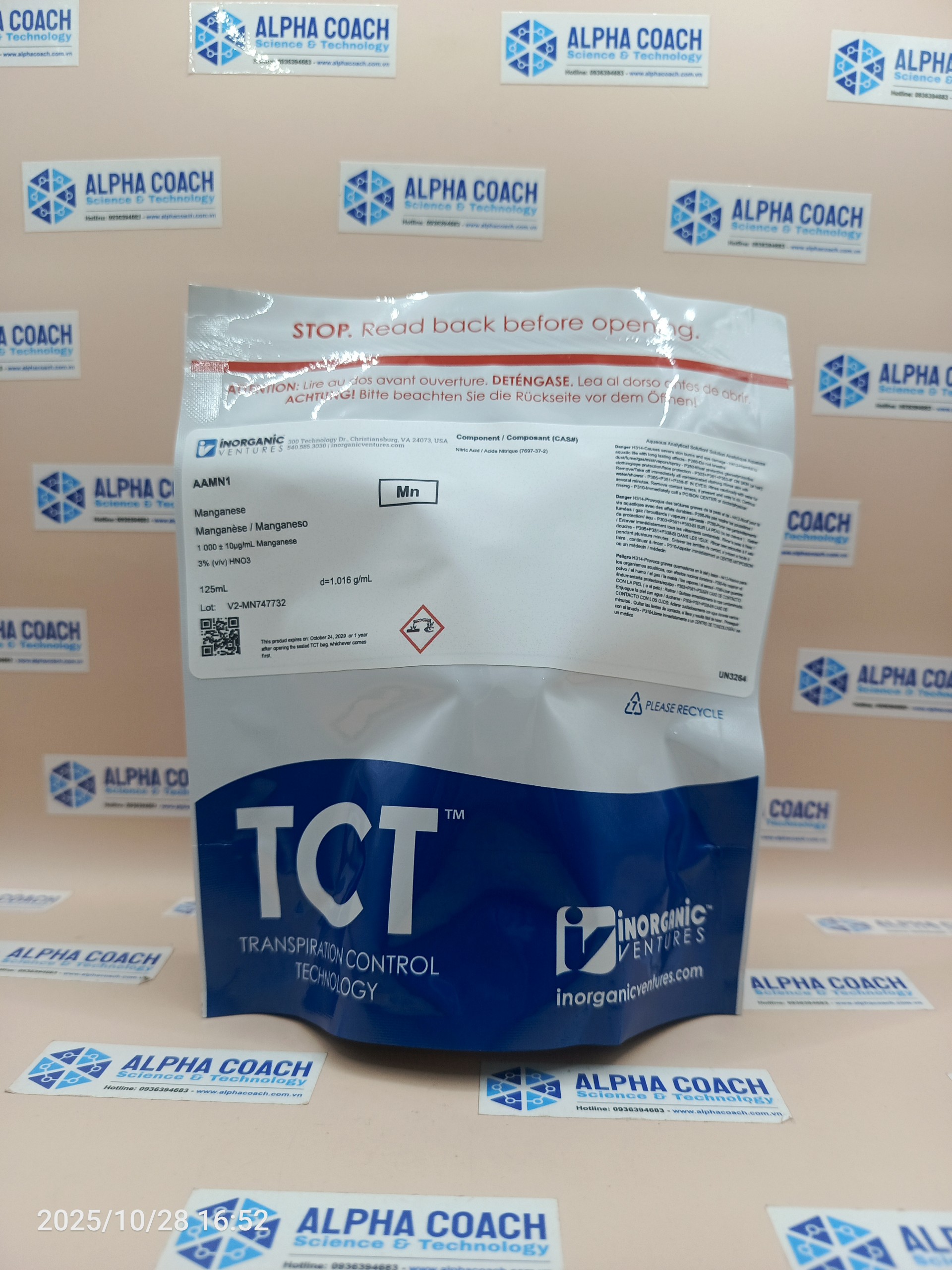 Dung dịch chuẩn Mangan (Mn) 1000ug/mL, mã AAMN1, chai 500ml, hãng IV, Mỹ