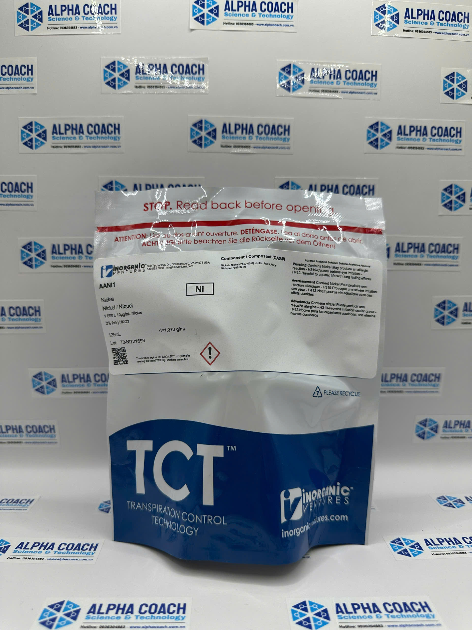 Dung dịch chuẩn Niken (Ni) 1000ug/mL, mã AANI1, chai 500ml, hãng IV, Mỹ