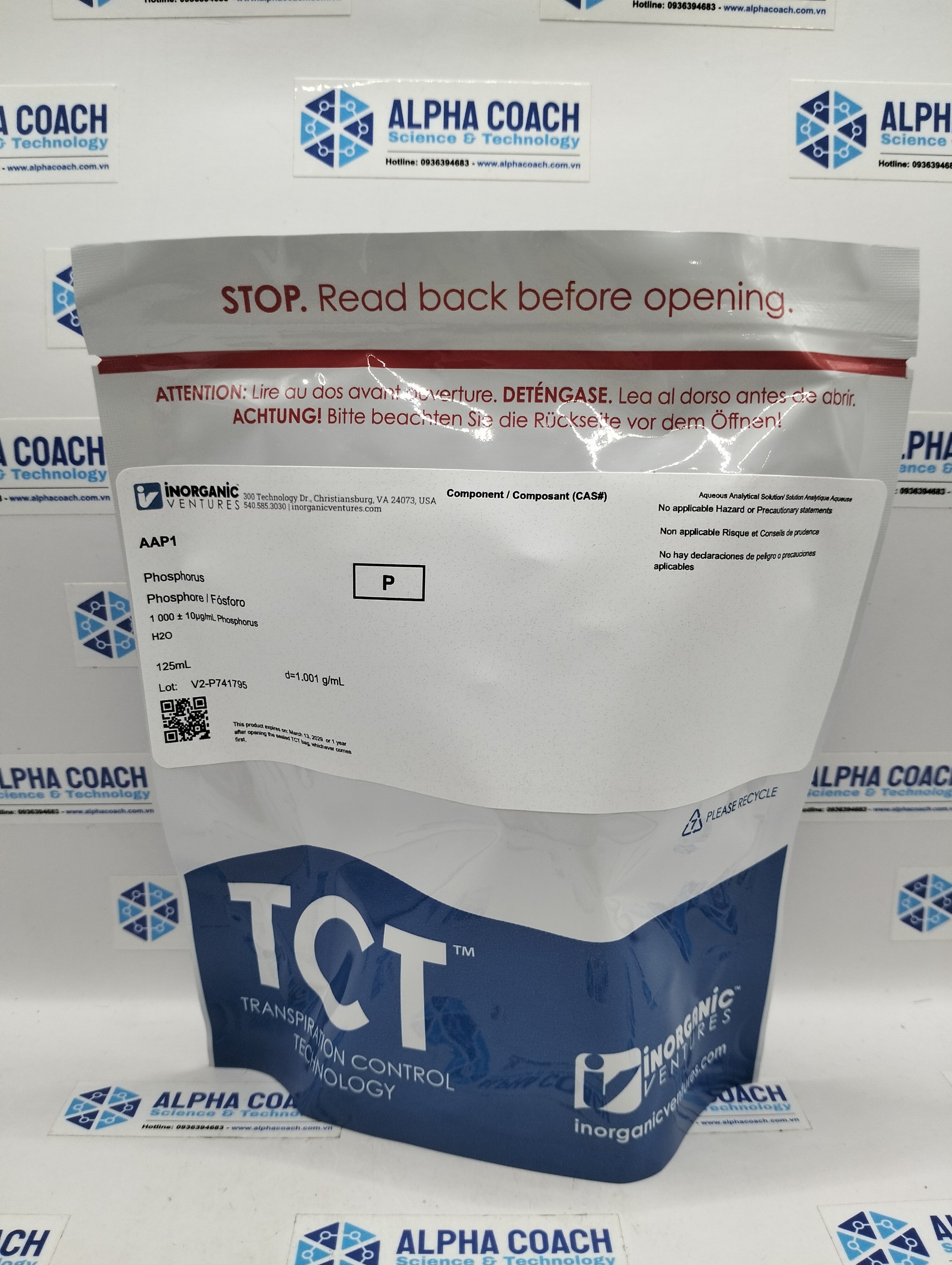 Dung dịch chuẩn Phospho (P) 1000ug/mL, mã AAP1, chai 125ml, hãng IV, Mỹ