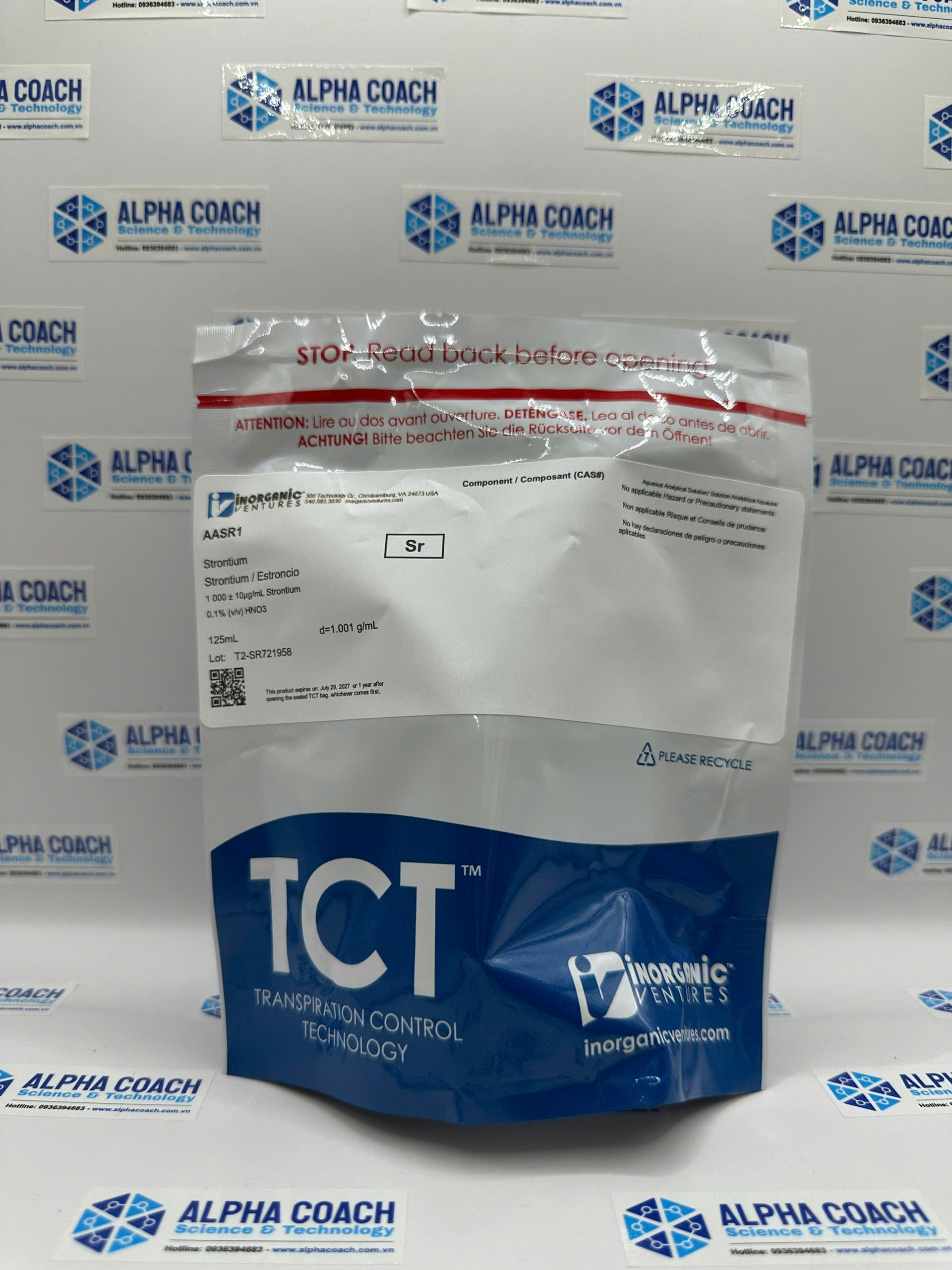 Dung dịch chuẩn Strontium (Sr) 1000ug/mL, mã AASR1, chai 125ml, hãng IV, Mỹ