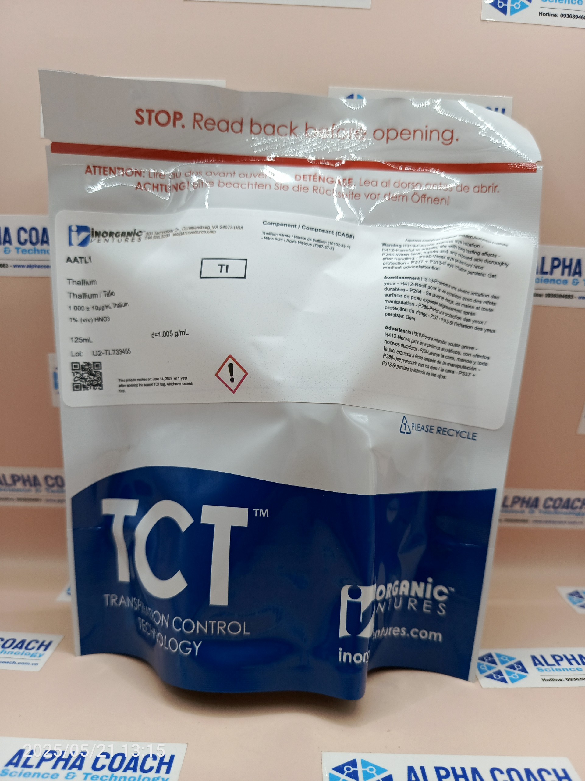 Dung dịch chuẩn Thallium (Tl) 1000 ug/ml, mã AATL1, chai 125ml, hãng IV, Mỹ