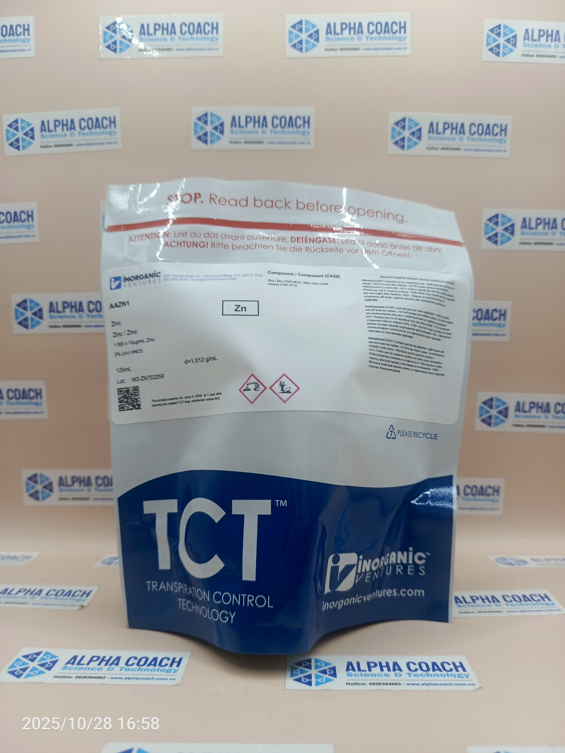 Dung dịch chuẩn Kẽm (Zn) 1000 ug/ml, mã AAZN1, chai 125ml, hãng IV, Mỹ