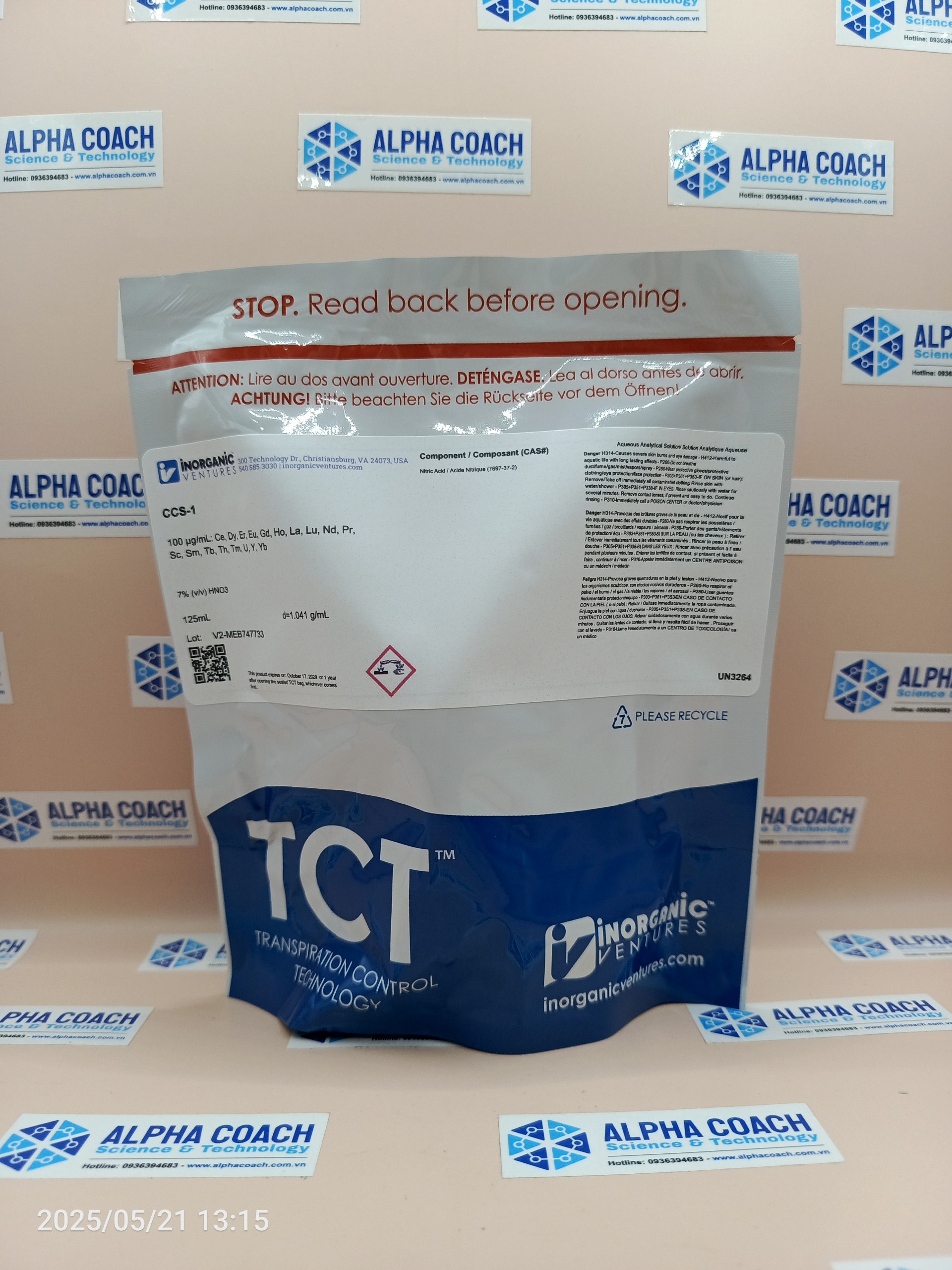 Dung dịch chuẩn ICP Rare Earth, mã CCS-1-125ML, chai 125ml, hãng IV, Mỹ