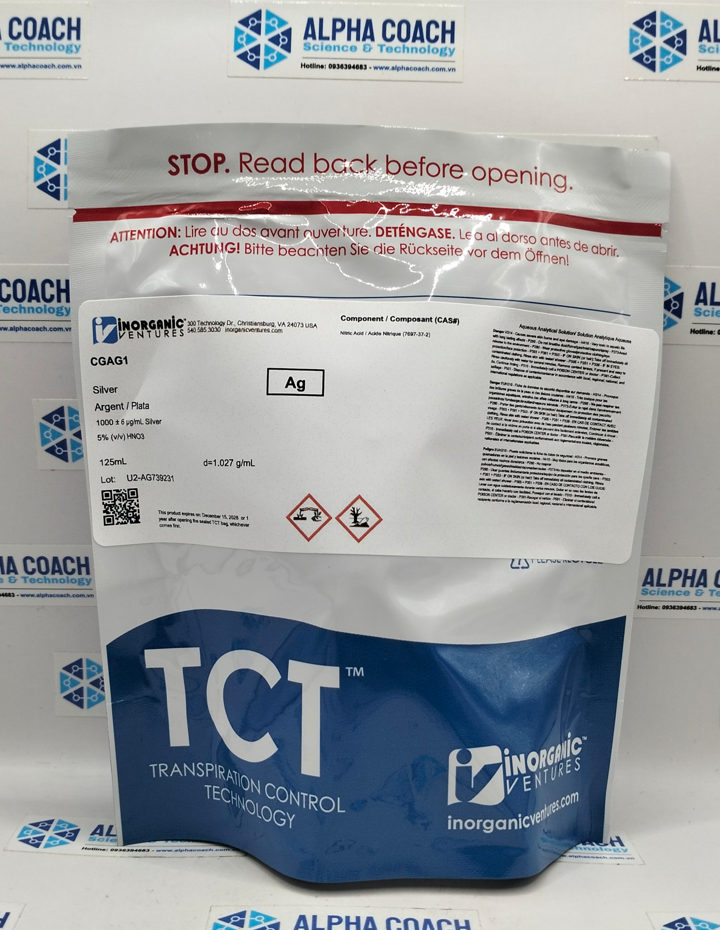 Dung dịch chuẩn Silver (Ag) 1000ug/ml, mã CGAG1, chai 125ml, hãng IV, Mỹ
