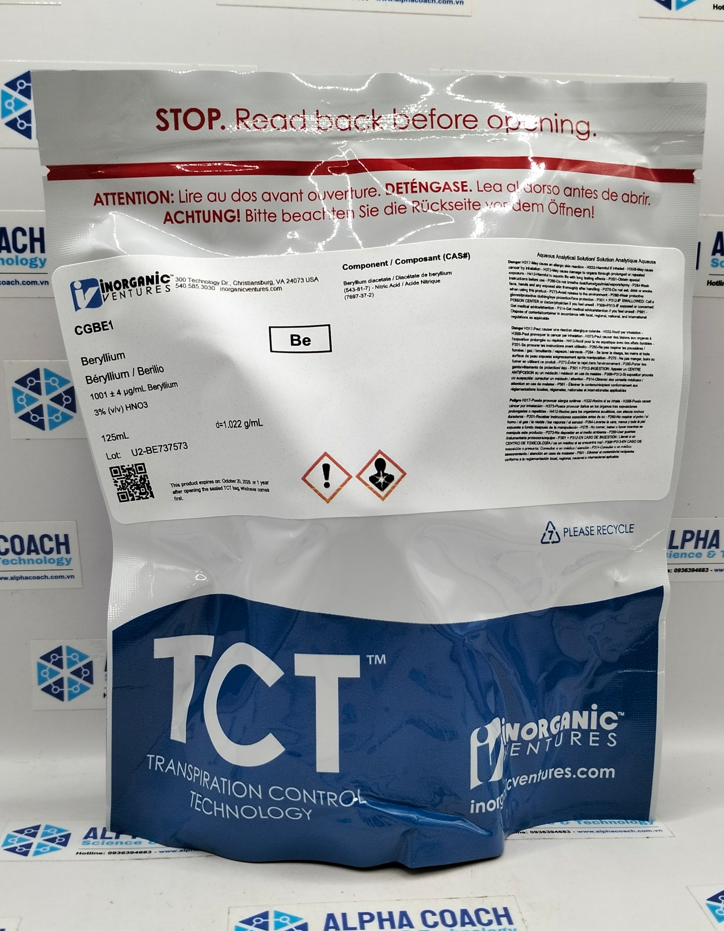 Dung dịch chuẩn Beryllium (Be) 1000ug/ml, mã CGBE1, chai 125ml, hãng IV, Mỹ