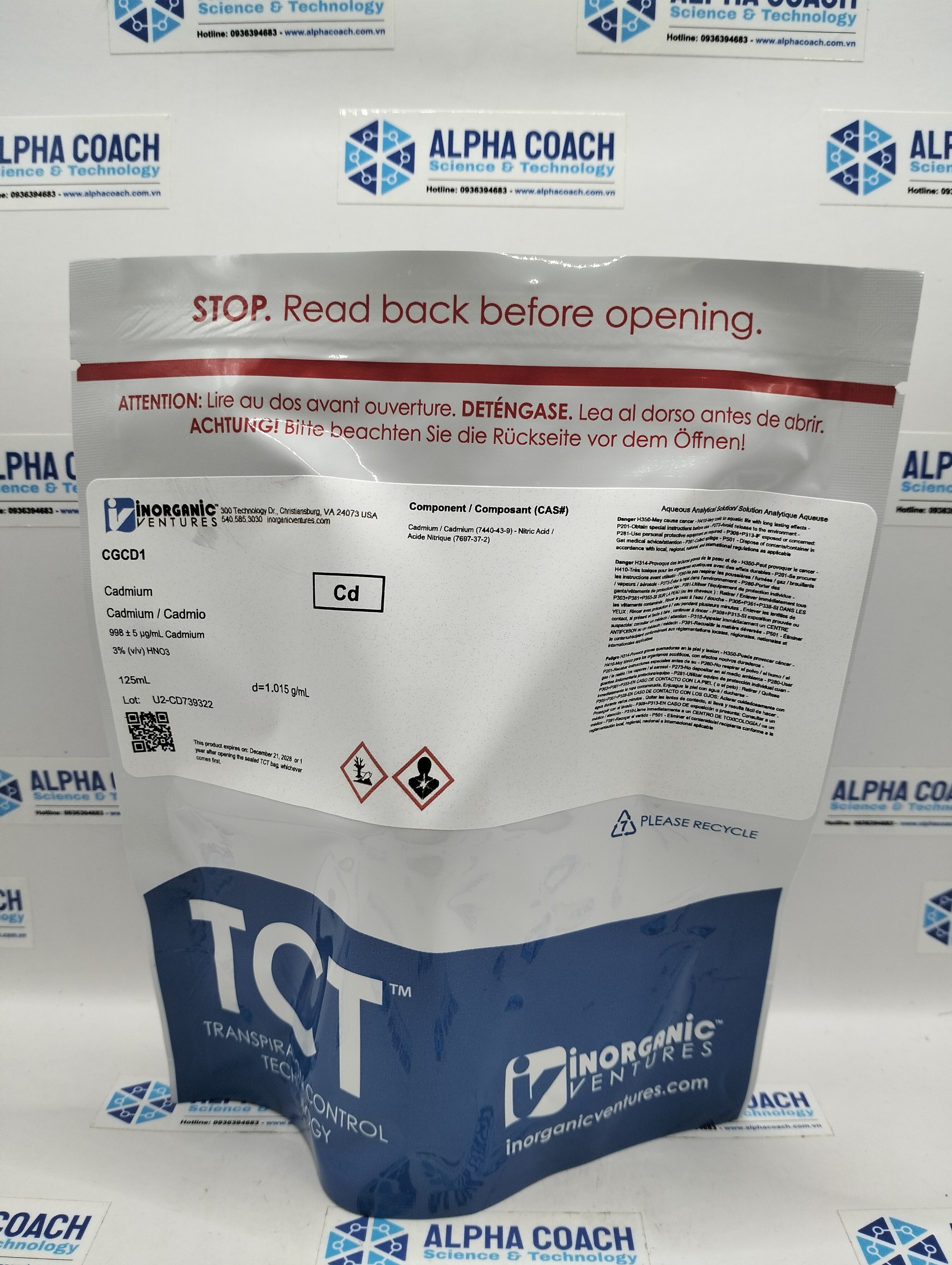 Dung dịch chuẩn Cadmium (Cd) 1000ug/ml, mã CGCD1, chai 125ml, hãng IV, Mỹ