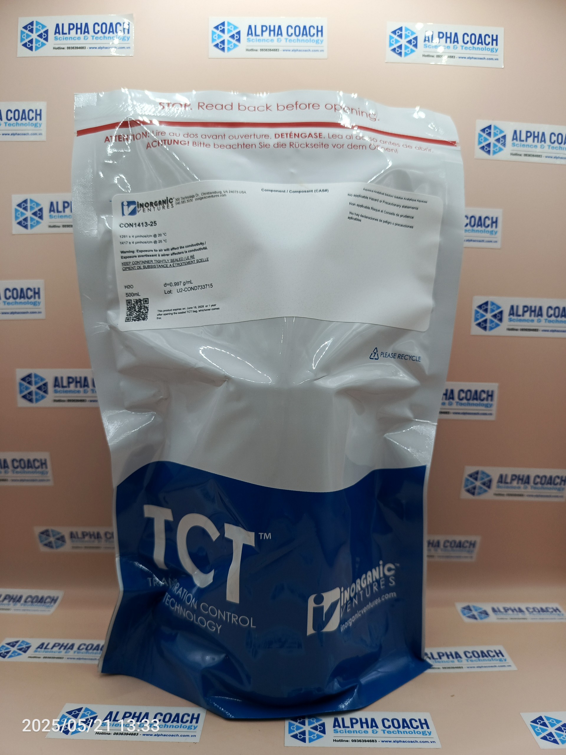 Dung dịch chuẩn độ dẫn điện 1413 uS/cm, mã CON1413-25, hãng IV, Mỹ