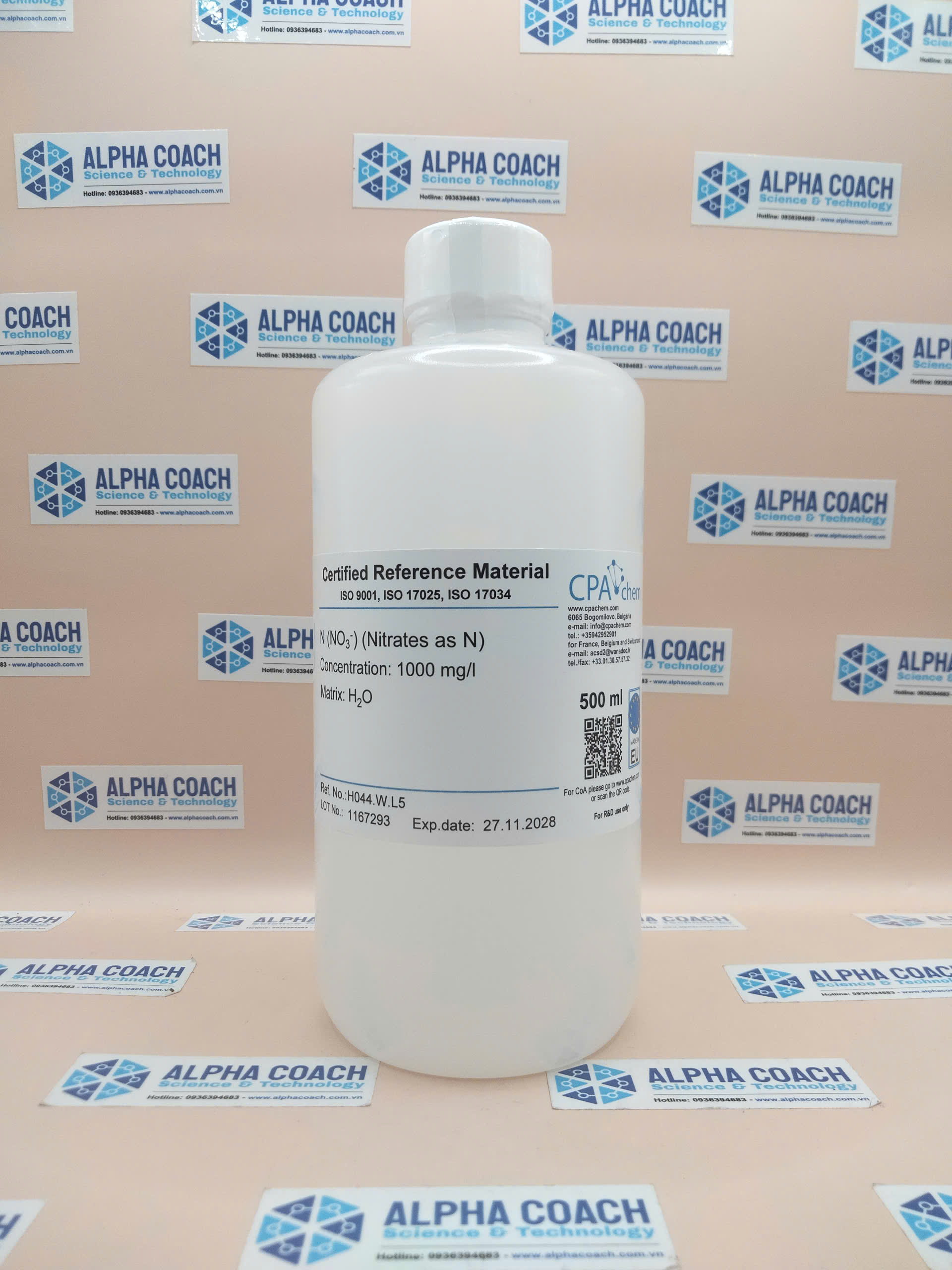 Dung dịch chuẩn Nitrates as N (NO3- (as N)) 1000 mg/l  cho IC, chai 500mL, CPAchem