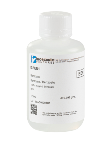 Dung dịch chuẩn Benzoate 1000ug/mL, mã ICBEN1-125ML, chai 125ml, hãng IV, Mỹ 