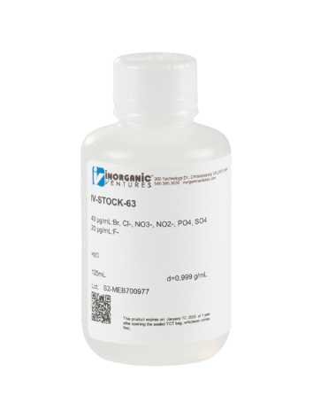 Dung dịch chuẩn hiệu chuẩn/kiểm soát chất lượng IC cho 6 anion, mã IV-STOCK-63-125ML, hãng IV, Mỹ 