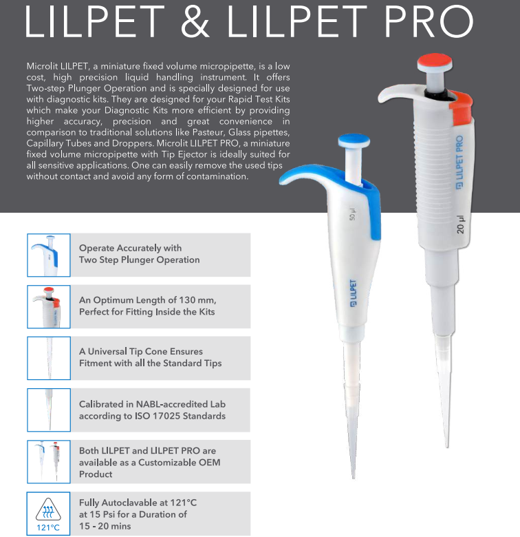 LILPET® & LILPET® PRO Micropipette 1 kênh, thể tích cố định (fixed volume) cỡ nhỏ, Hãng MICROLIT, Ấn Độ