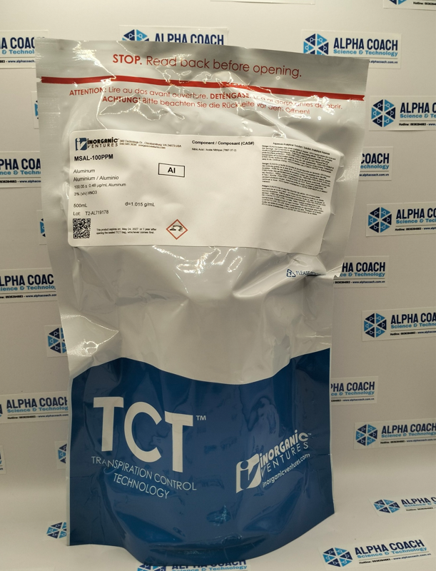 Dung dịch chuẩn Aluminum (Al) 100ug/mL, mã MSAL-100PPM-500ML, chai 500mL, hãng IV, Mỹ