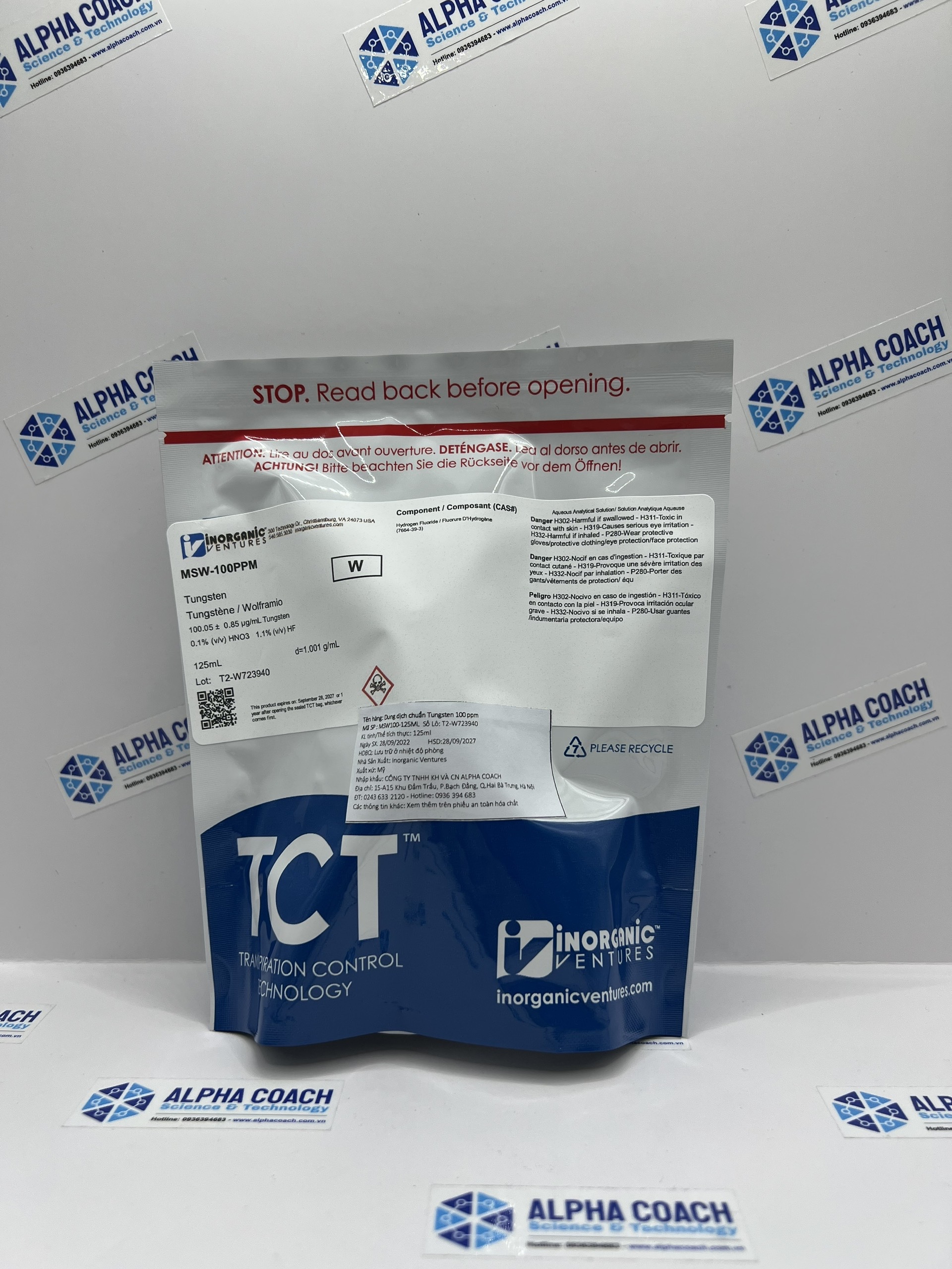 Dung dịch chuẩn Tungsten (W) 100ug/mL cho ICP & ICP-MS, mã MSW-100PPM-125ML, hãng IV - Mỹ