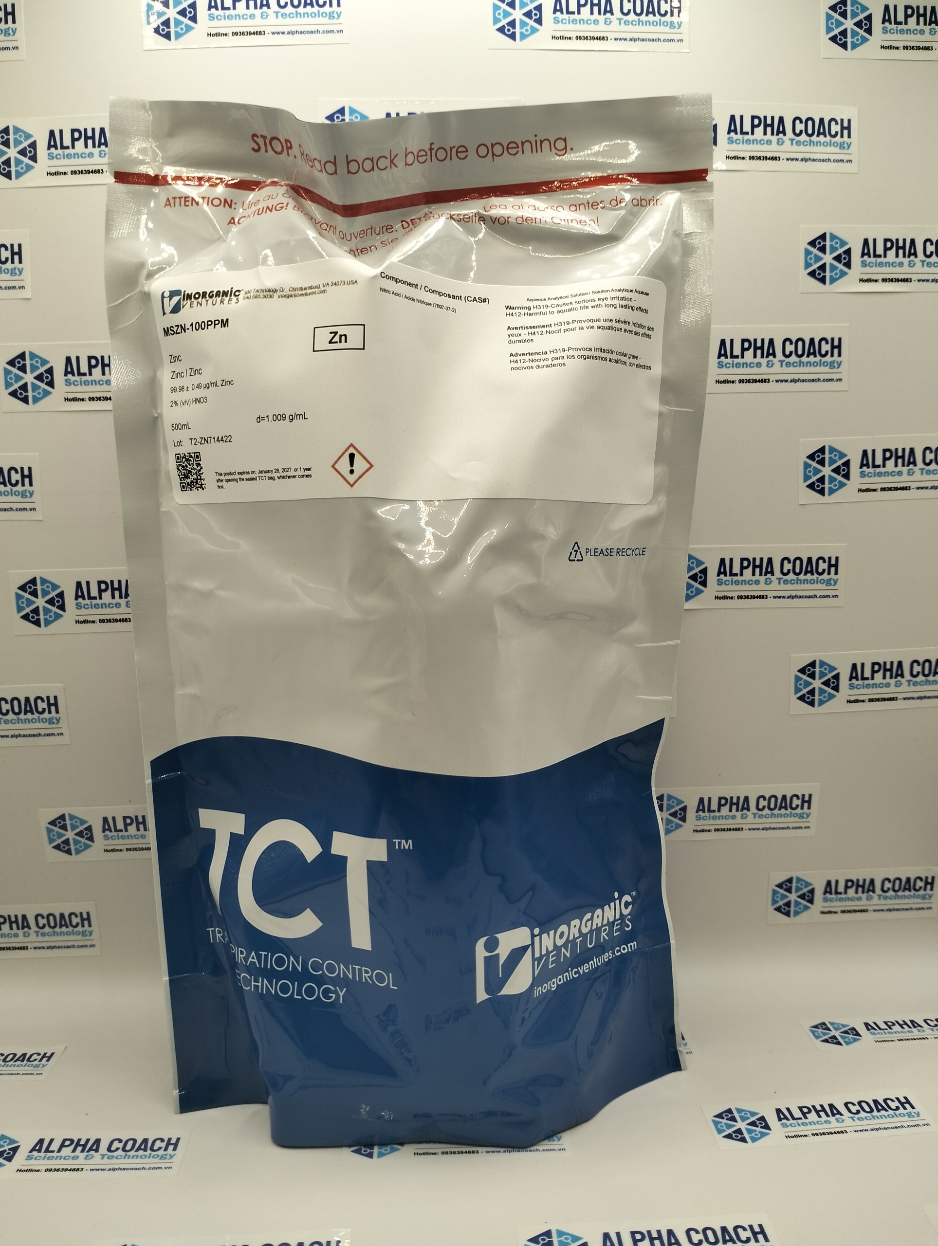 Dung dịch chuẩn Kẽm (Zn) 100ug/mL, mã MSZN-100PPM-500ML, chai 500mL, hãng IV, Mỹ