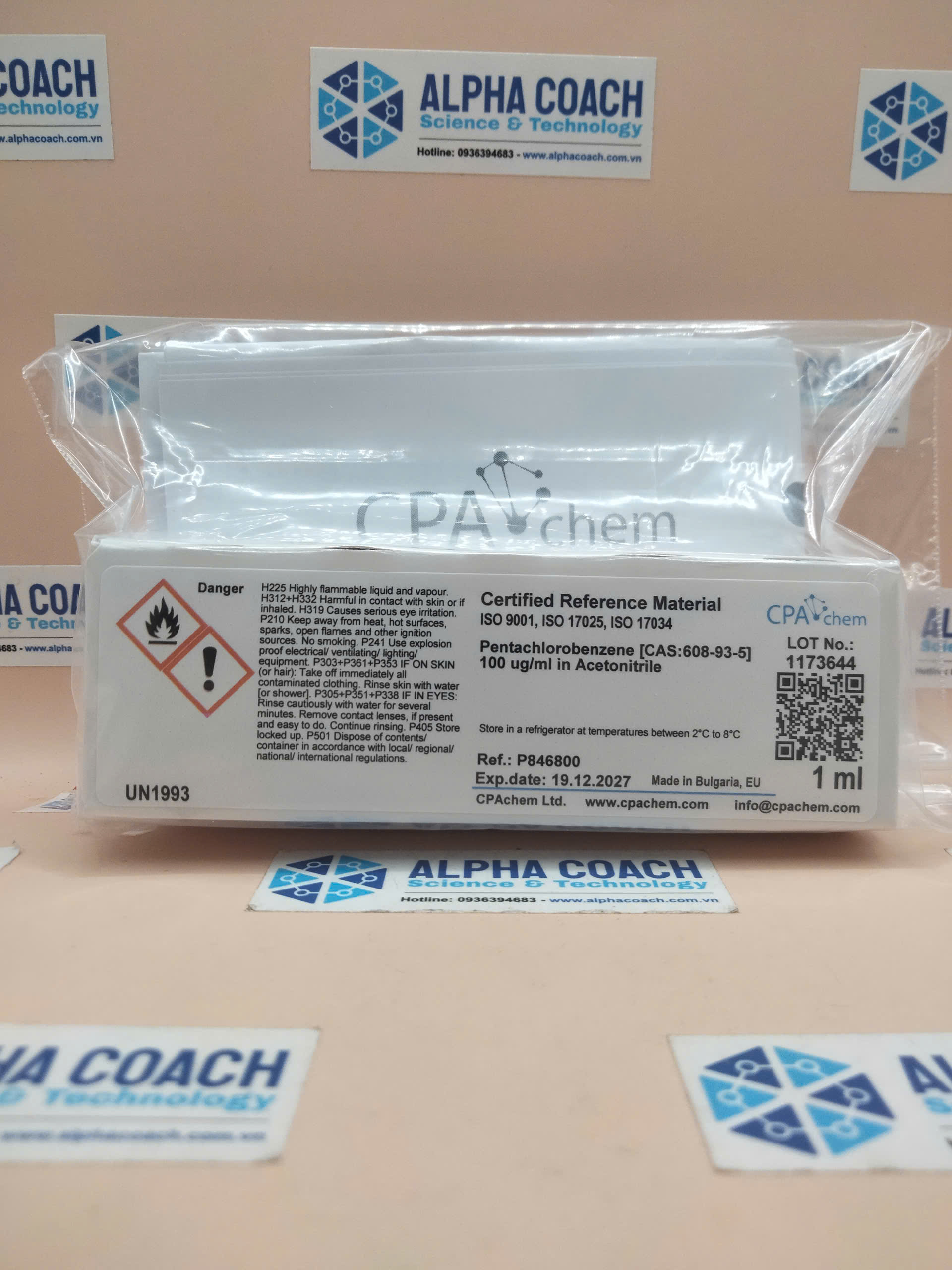 Dung dịch chuẩn Pentachlorobenzene 100 ug/ml, mã P846800, lọ 1 ml, hãng CPAchem, Bungari