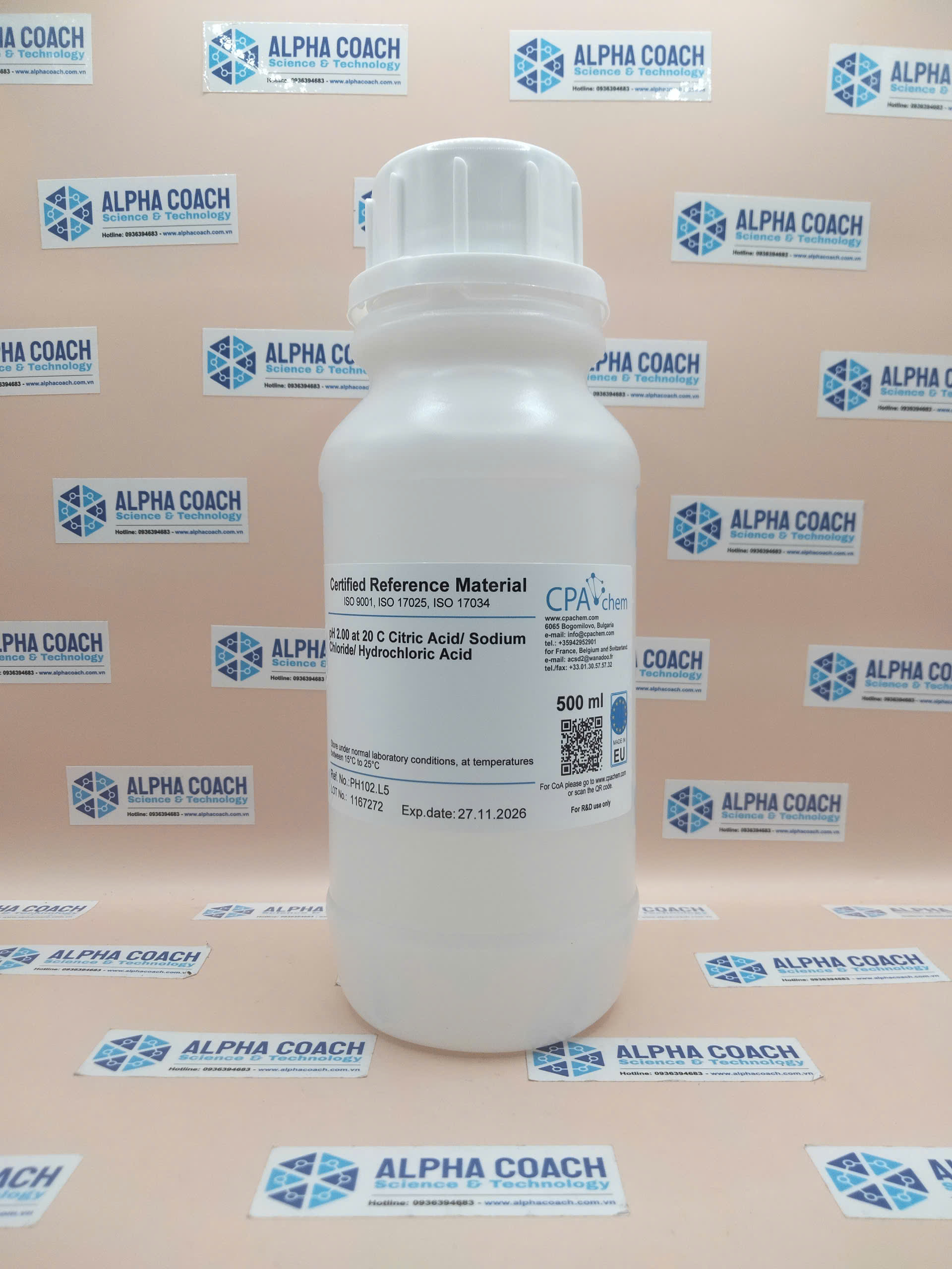 Dung dịch chuẩn pH 2.00, mã PH102.L5, chai 500mL, hãng CPAchem - Bungari