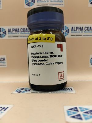 Hoá chất Papain 5x USP ex. Papaya Latex, 30000 USP U/mg powder, lọ 25g, hãng SRL, Ấn Độ