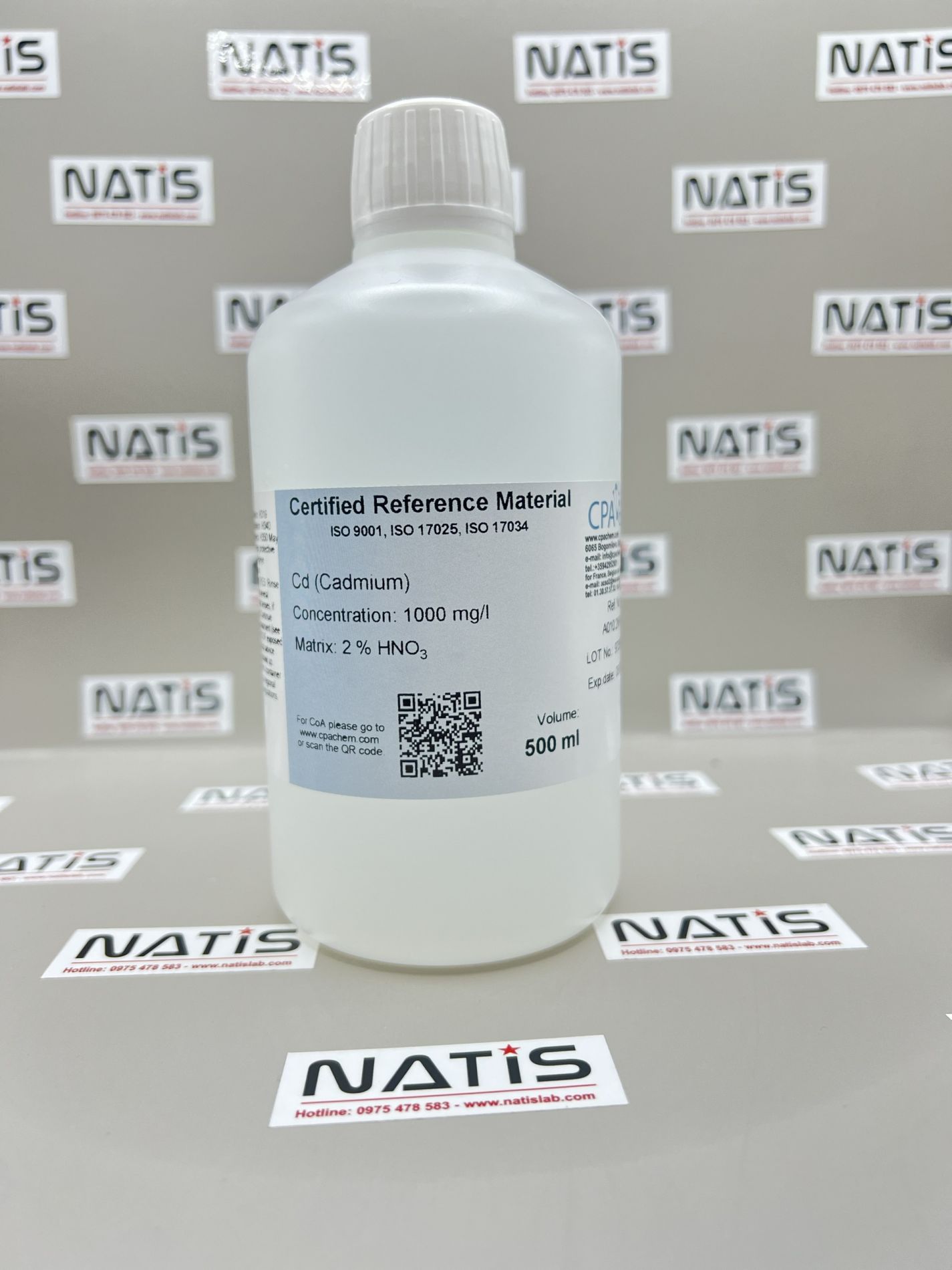 Dung dịch chuẩn Cadmium (Cd) 1g/L cho AAS, chai 500mL, CPAchem