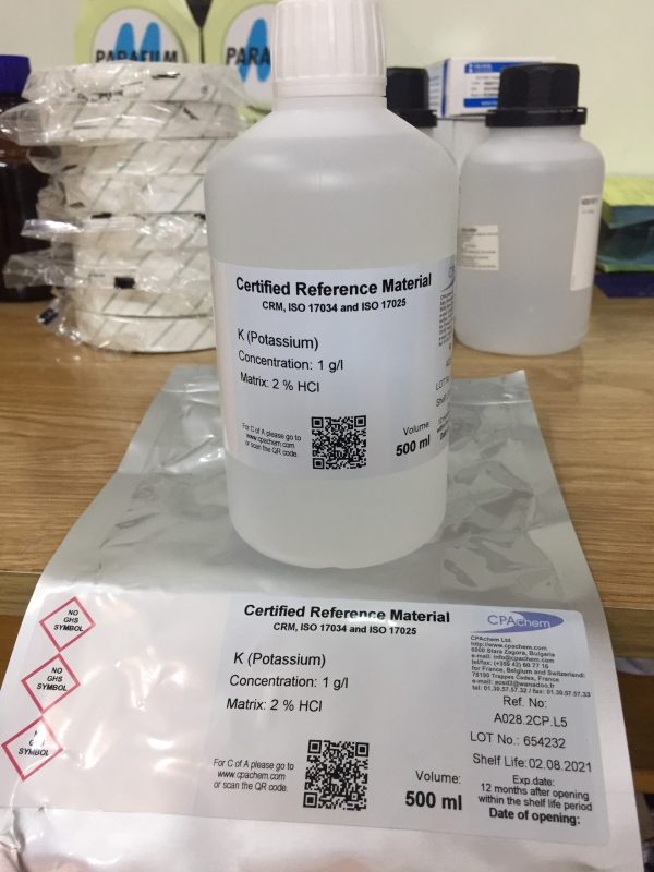 Dung dịch chuẩn Potassium (K) 1g/l cho AAS, chai 500mL, CPAchem