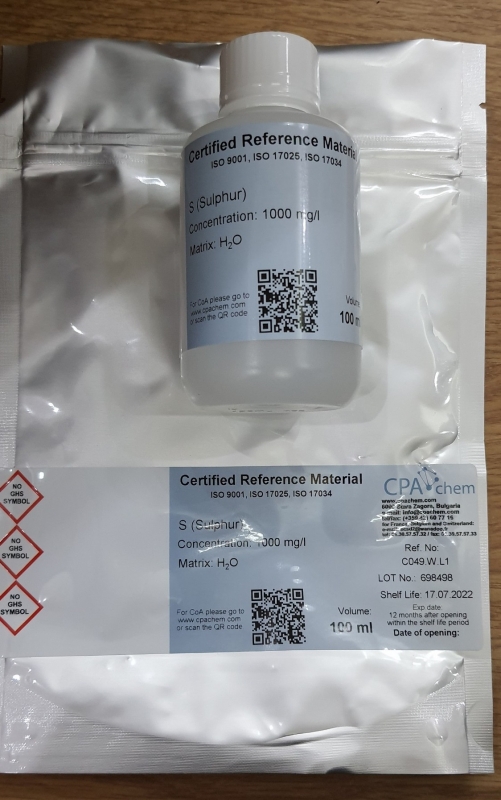Dung dịch chuẩn Sulphur (S) 1000mg/L cho ICP, chai 100mL, CPAchem