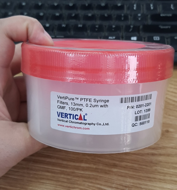 Đầu lọc PTFE đường kính 13mm, cỡ lỗ 0,2um với GMF, Vertical