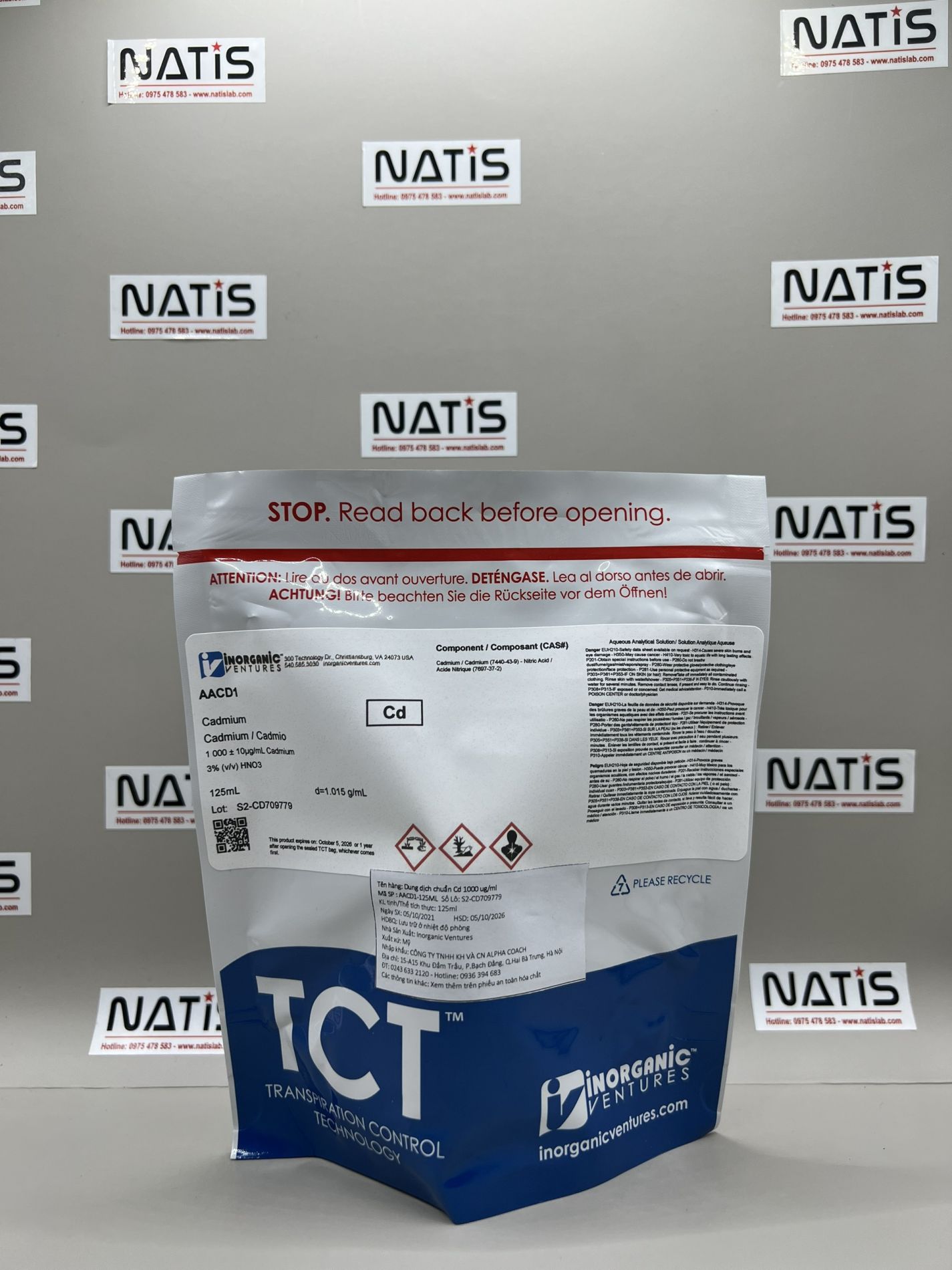 Dung dịch chuẩn Cadmium (Cd) 1000 ug/ml, mã AACD1, chai 125ml, hãng IV, Mỹ