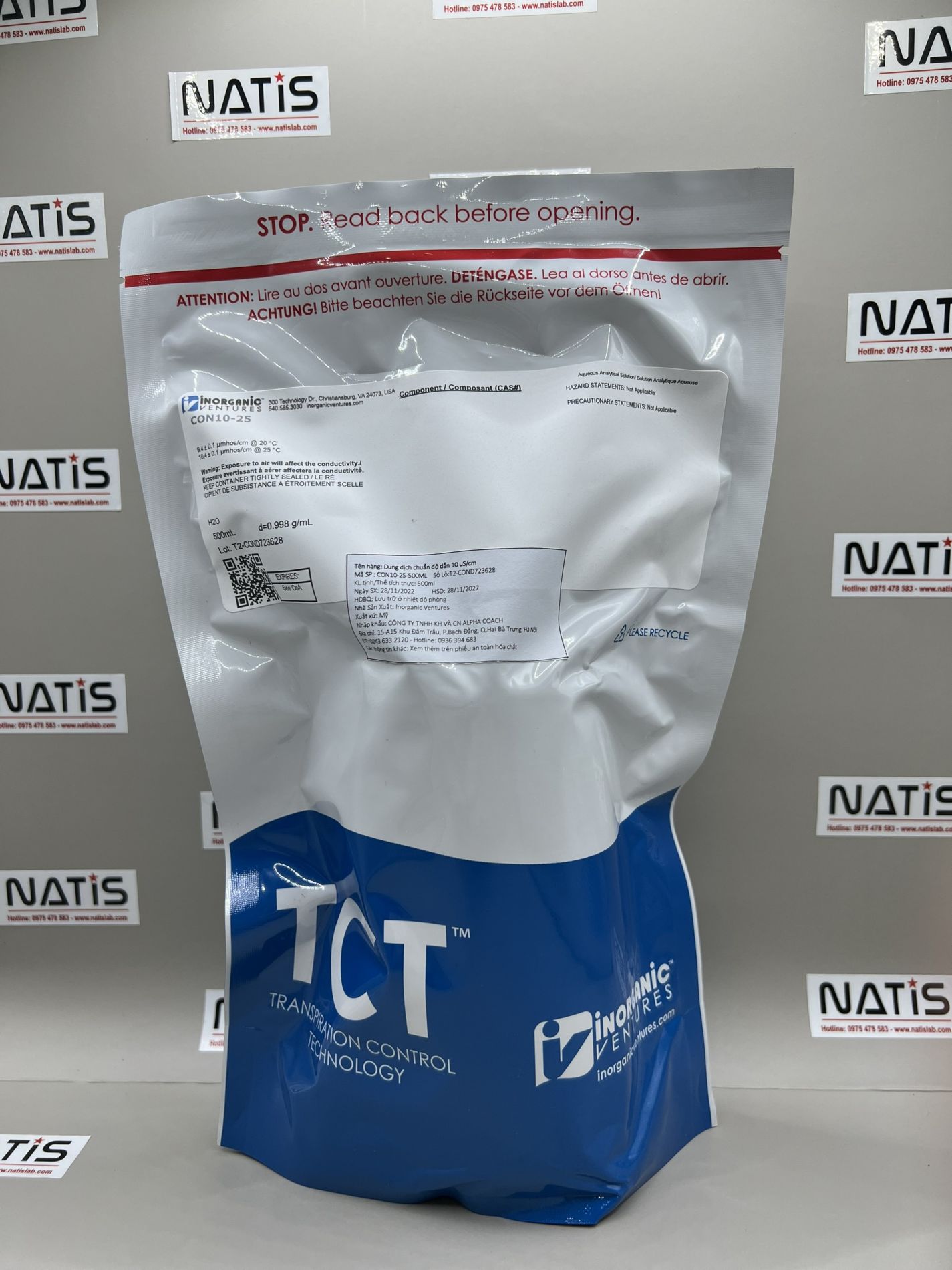 Dung dịch chuẩn Độ dẫn 10 uS/cm, chai 500mL, mã CON10-25-500ML, hãng IV-Mỹ