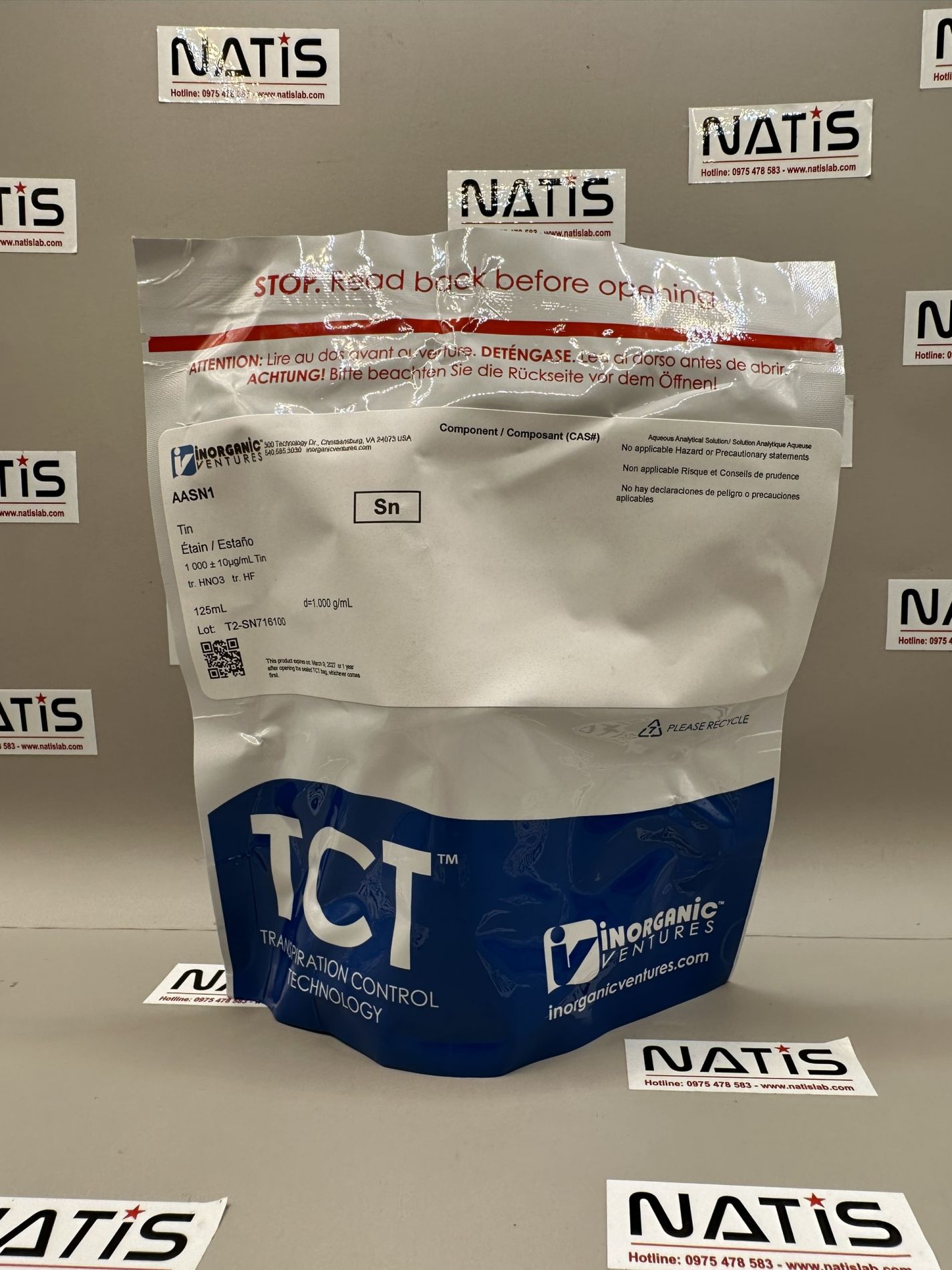 Dung dịch chuẩn Thiếc (Sn) 1000 ug/ml, mã AASN1, chai 125ml, hãng IV, Mỹ