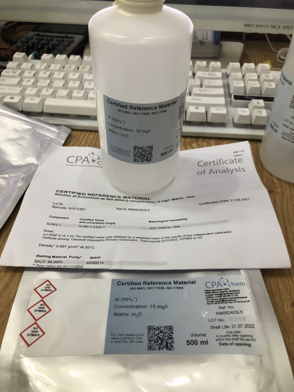Dung dịch chuẩn N (NH4+) 15mg/l, chai 500mL, CPAchem