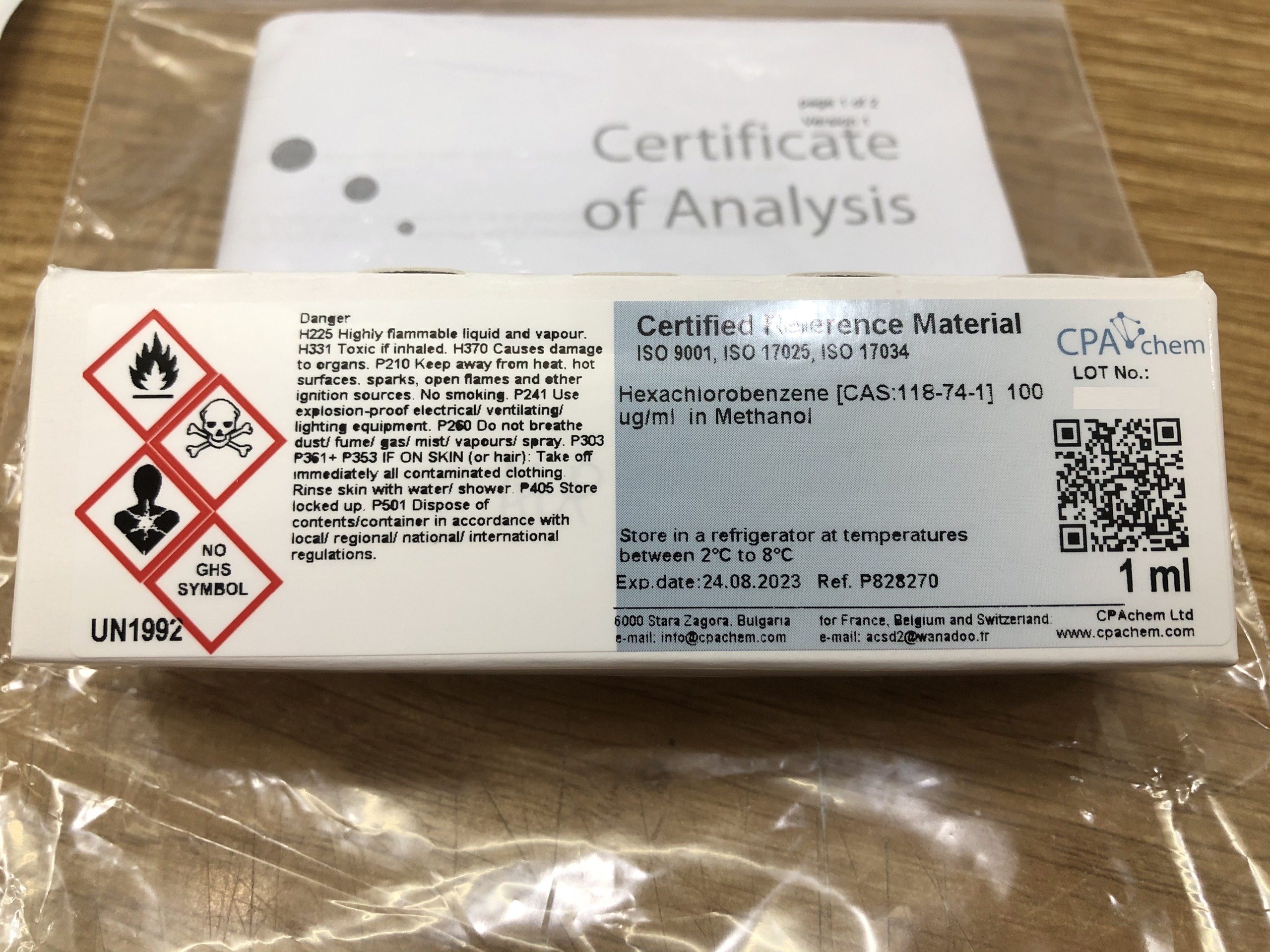 Dung dịch chuẩn Hexachlorobenzene 100ug/mL, ống 1mL, CPAchem