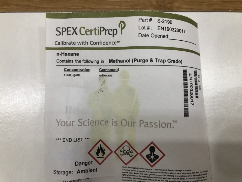 Dung dịch chuẩn n-Hexane 1000 µg/mL in Methanol, hãng SPEX