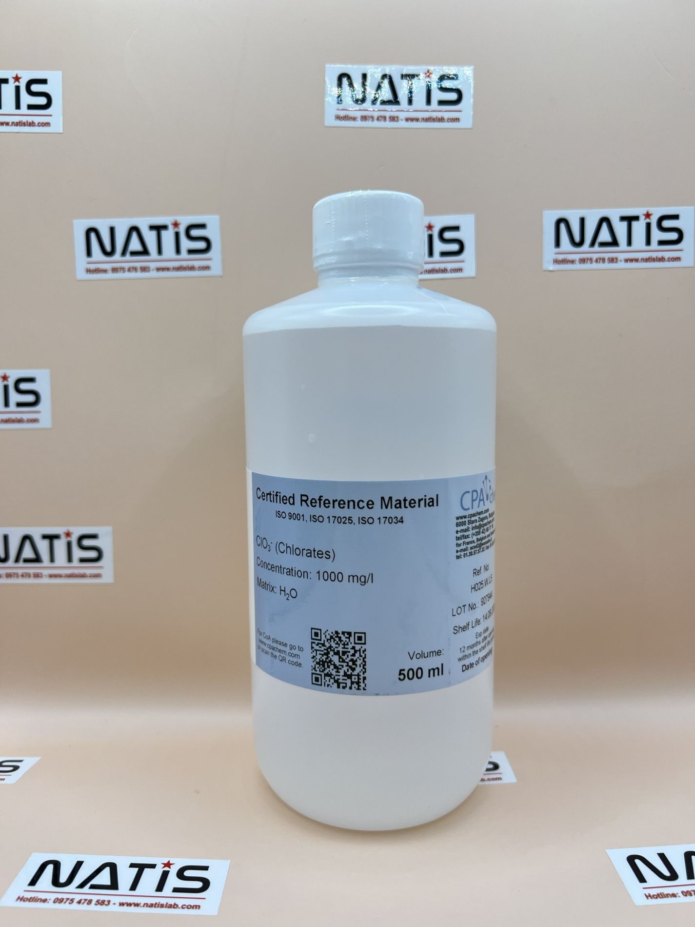 Dung dịch chuẩn Chlorates (ClO3-) 1000 mg/l in H2O for IC, chai 500ml, hãng CPAchem, Bungari
