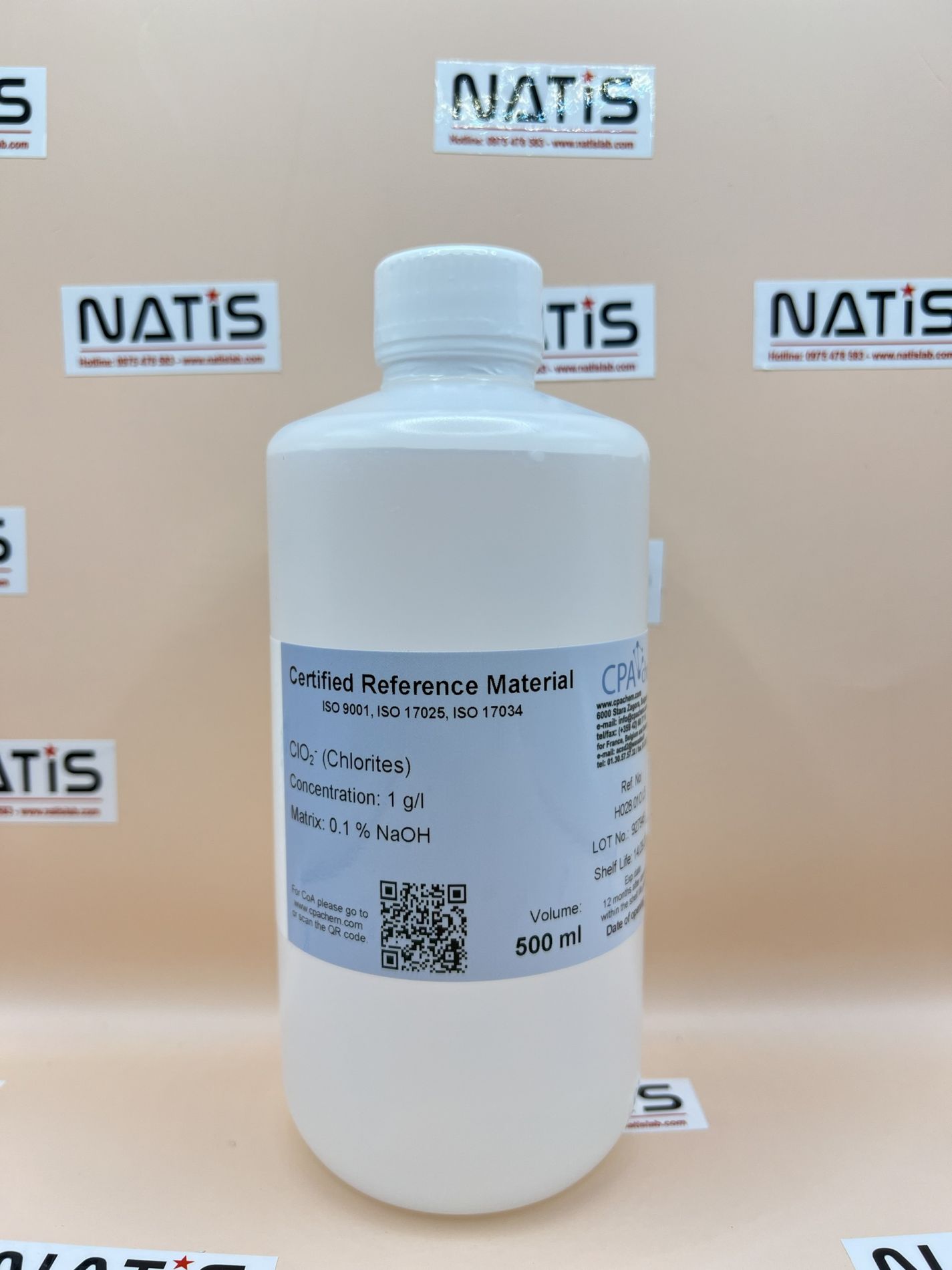 Dung dịch chuẩn Chlorites (ClO2-) 1000 mg/l in H2O for IC, chai 500ml, hãng CPAchem, Bungari