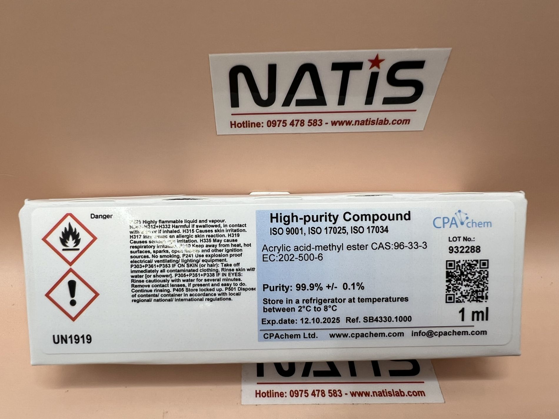 Chất chuẩn Acrylic acid-methyl ester CAS:96-33-3 EC:202-500-6, mã SB4330.1000, hãng CPAchem, Bungari