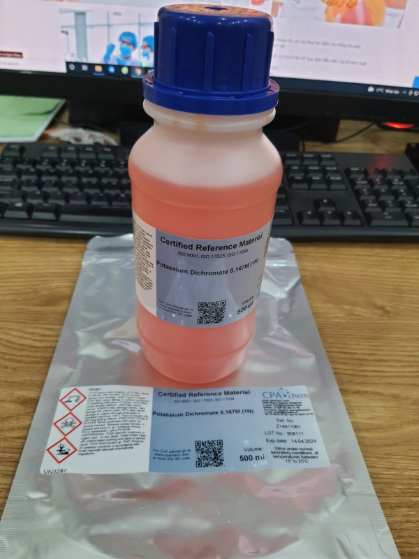 Dung dịch chuẩn K2Cr2O7 - Potassium Dichromate 0.167M (1N), chai 500mL, hãng CPAchem, Bungari