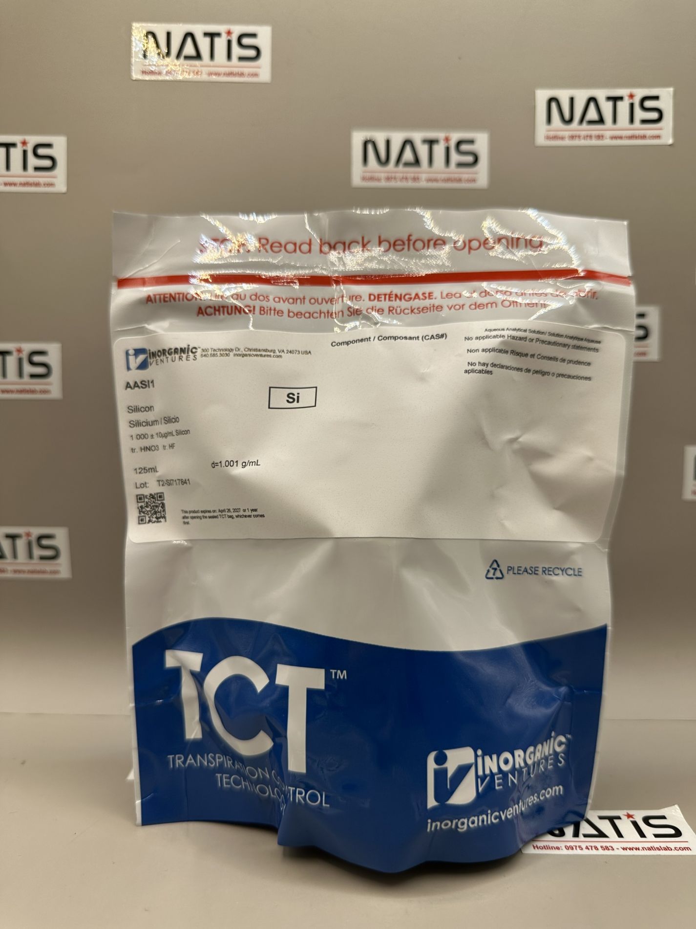 Dung dịch chuẩn Silicon (Si) 1000 ug/ml, mã AASI1, chai 125ml, hãng IV, Mỹ