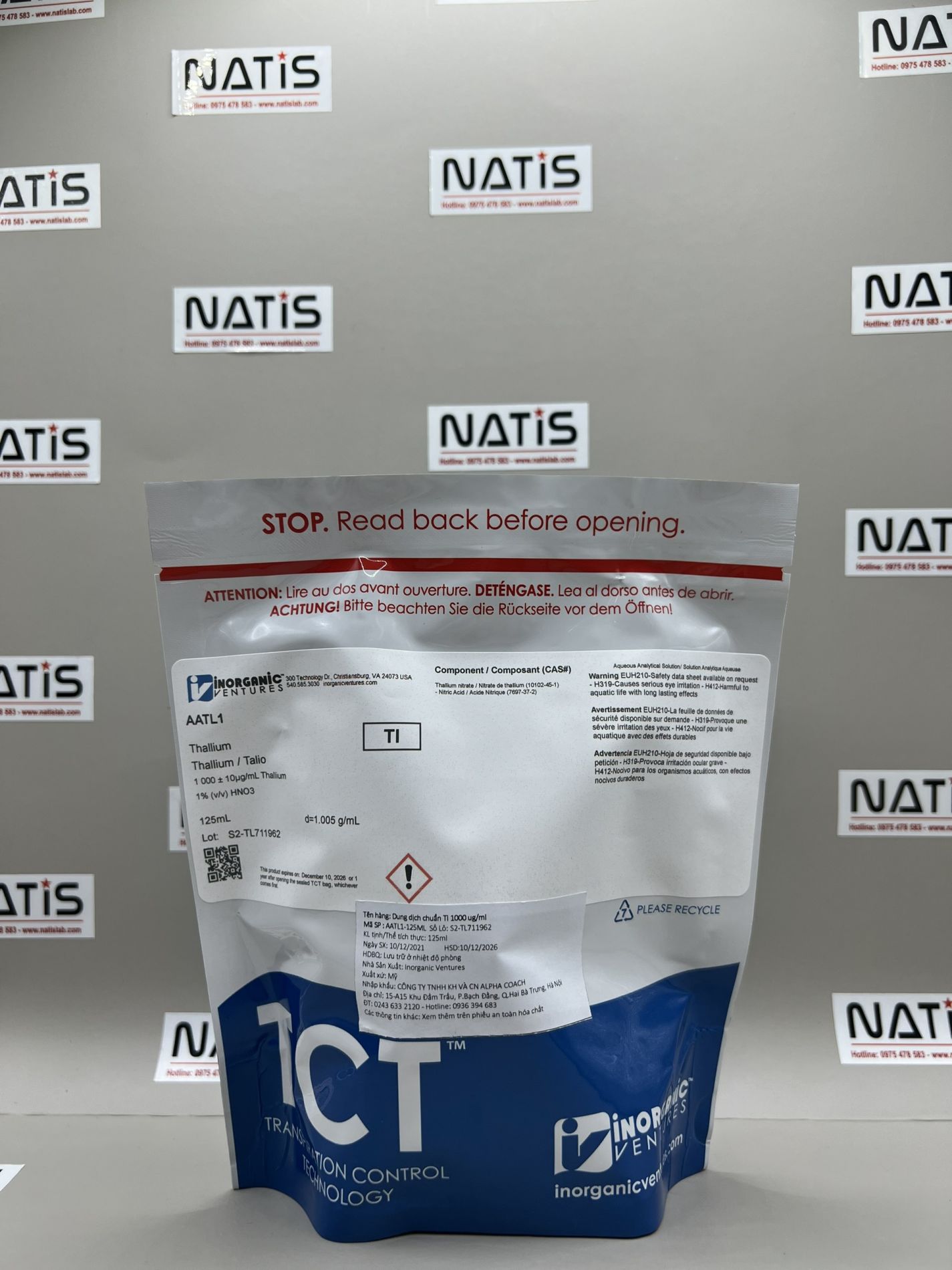 Dung dịch chuẩn Thallium (Tl) 1000 ug/ml, mã AATL1, chai 125ml, hãng IV, Mỹ