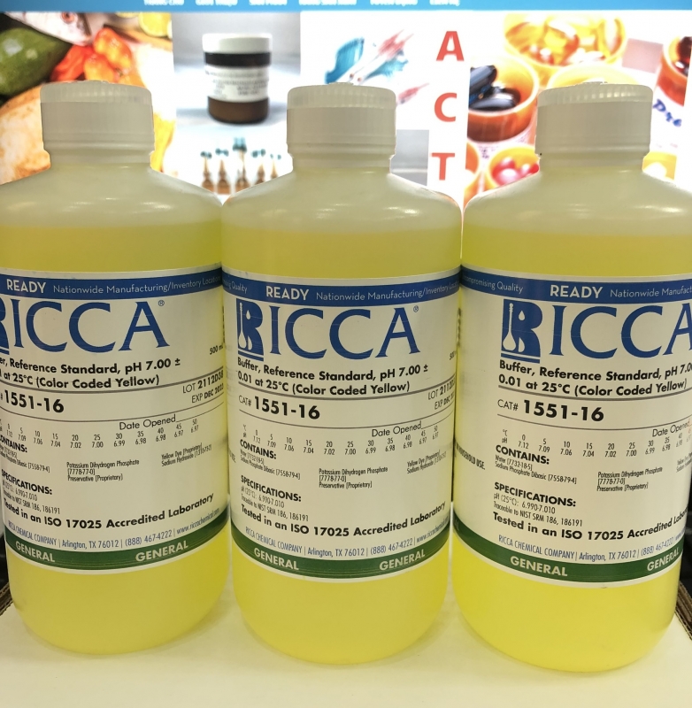 Buffer, Reference Standard, pH 7.00 ± 0.01 at 25°C (Color Coded Yellow), chai 500mL, hãng RICCA